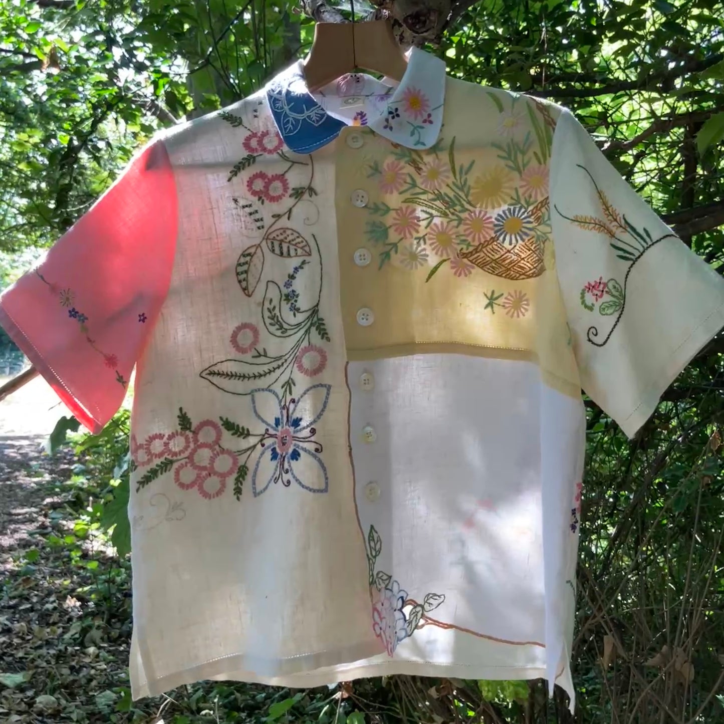 Linen patchwork recycled tablecloth shirt