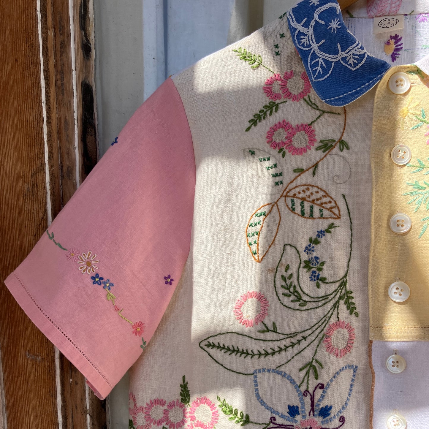 Linen patchwork recycled tablecloth shirt