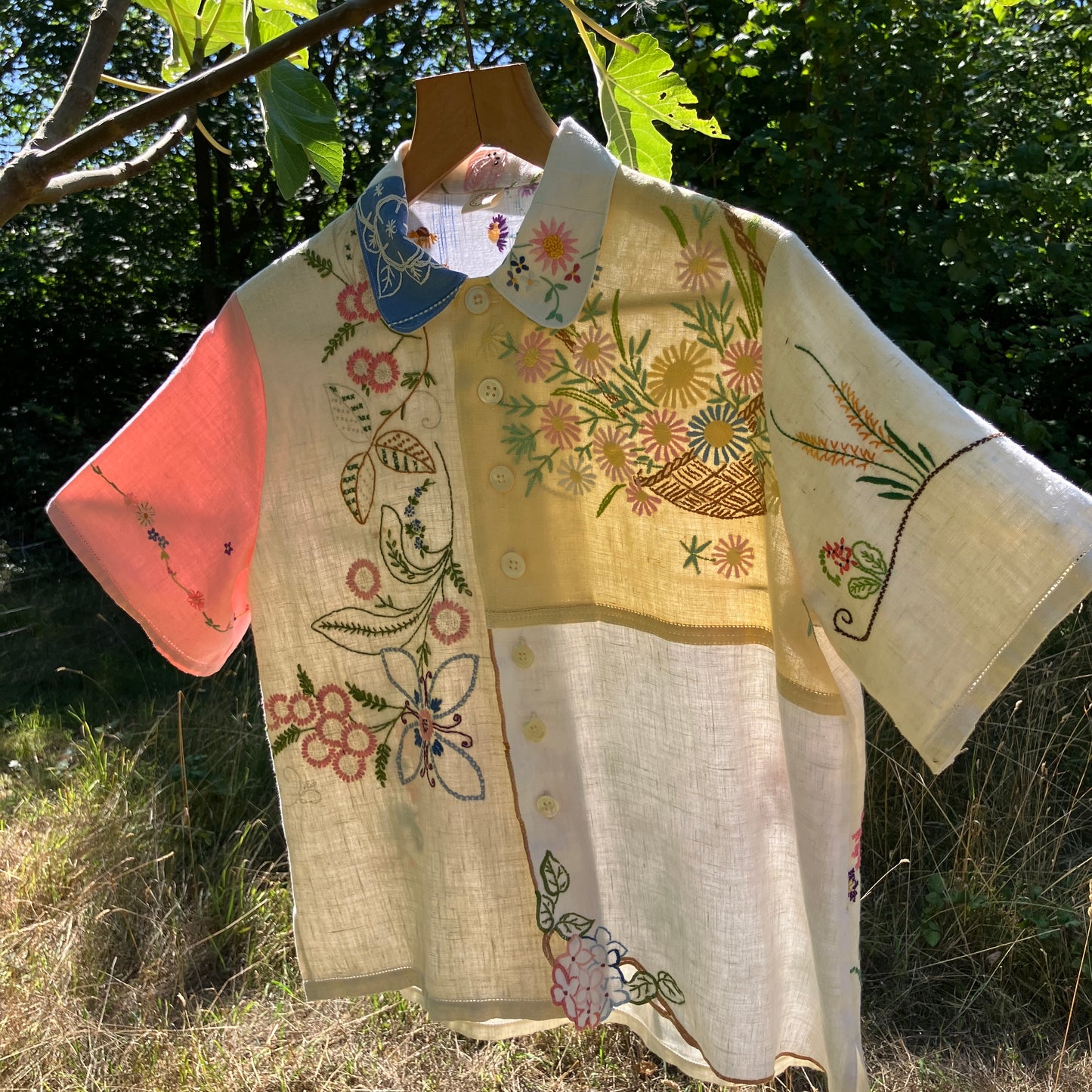 Linen patchwork recycled tablecloth shirt