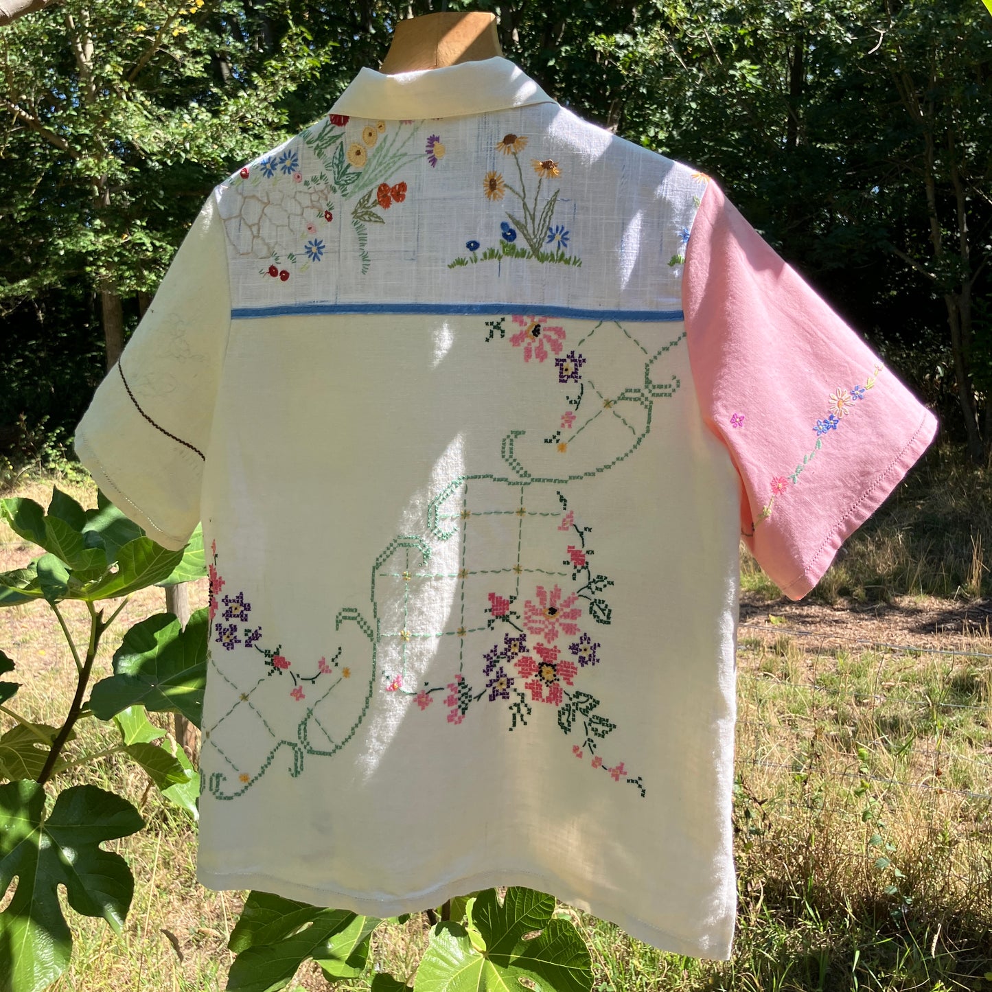 Linen patchwork recycled tablecloth shirt