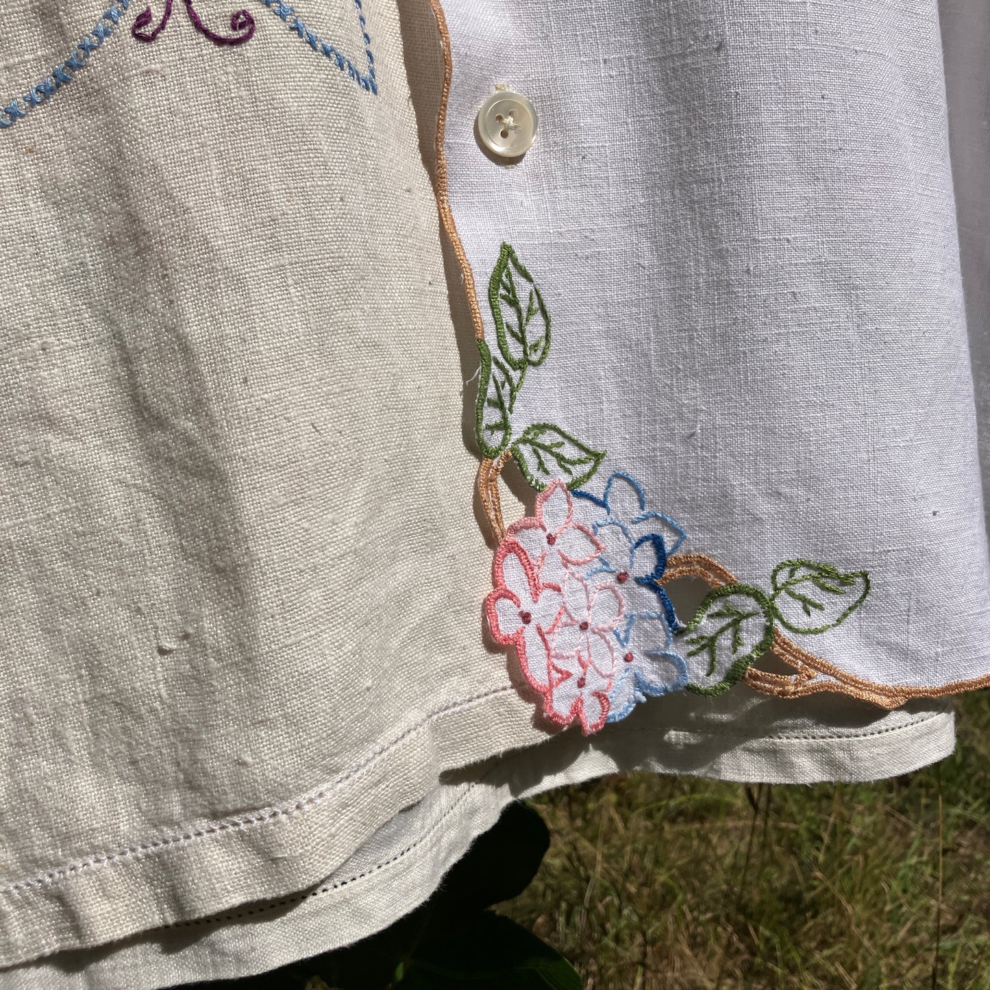 Linen patchwork recycled tablecloth shirt