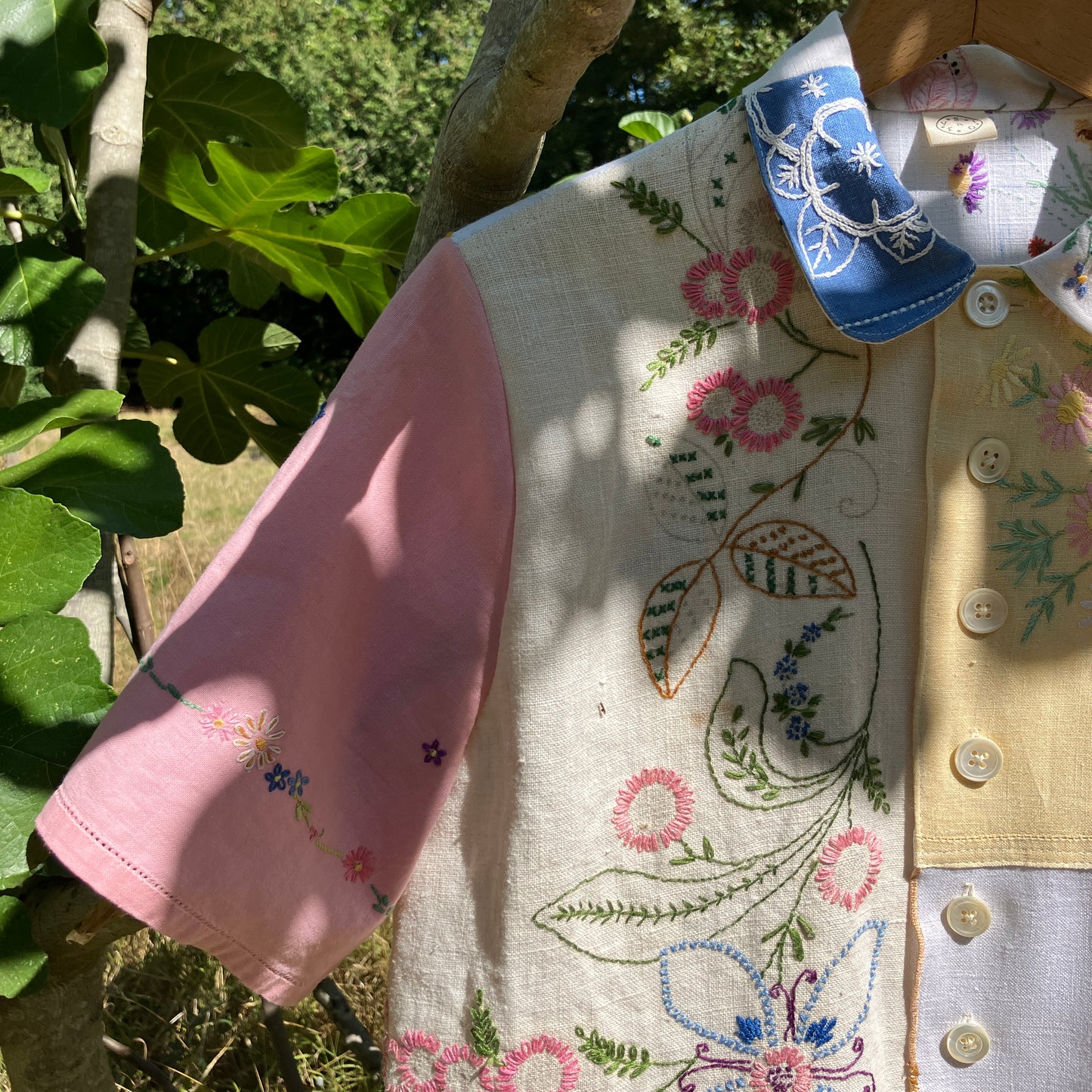 Linen patchwork recycled tablecloth shirt