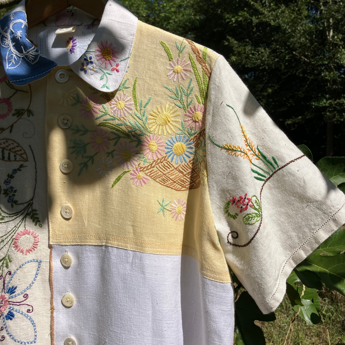 Linen patchwork recycled tablecloth shirt