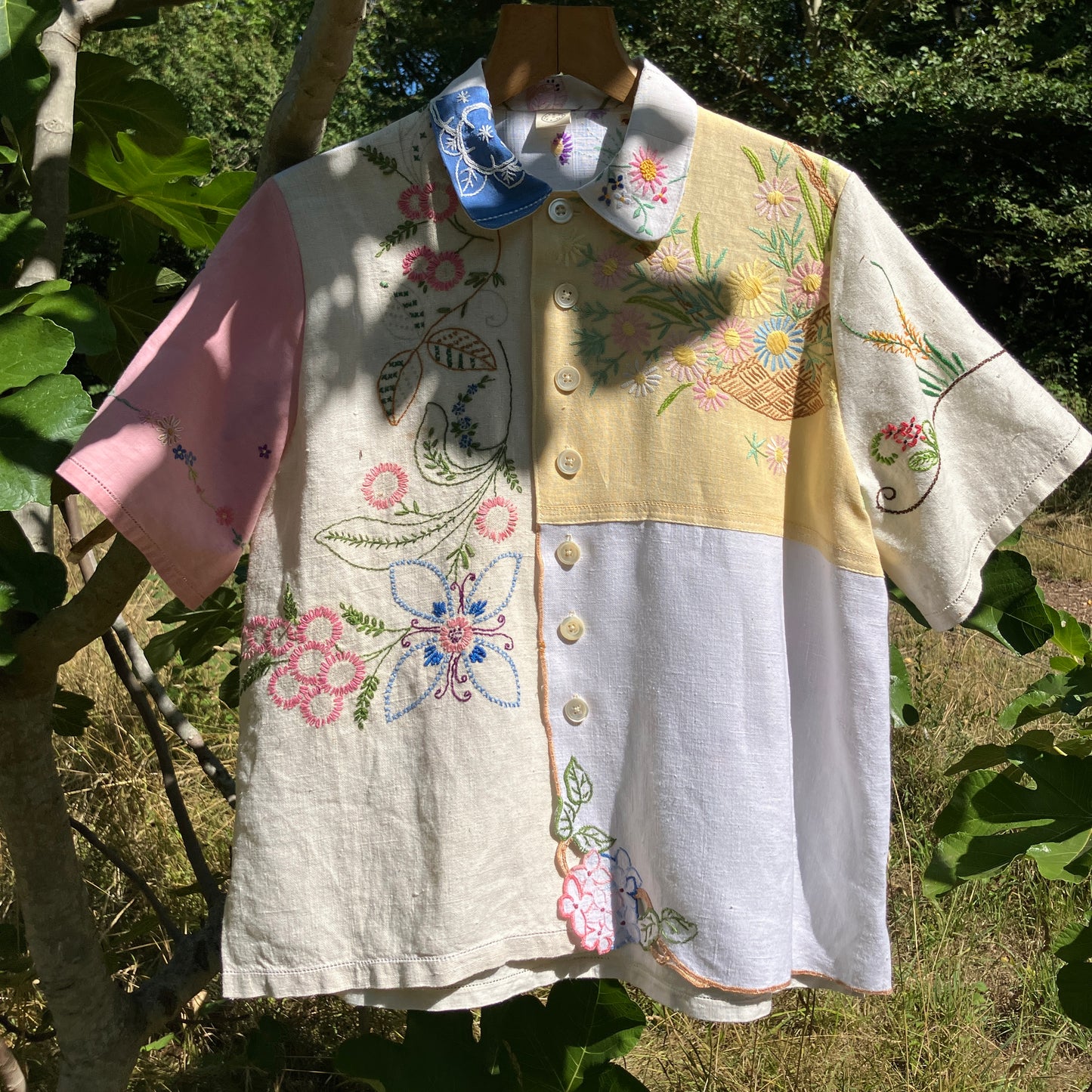 Linen patchwork recycled tablecloth shirt