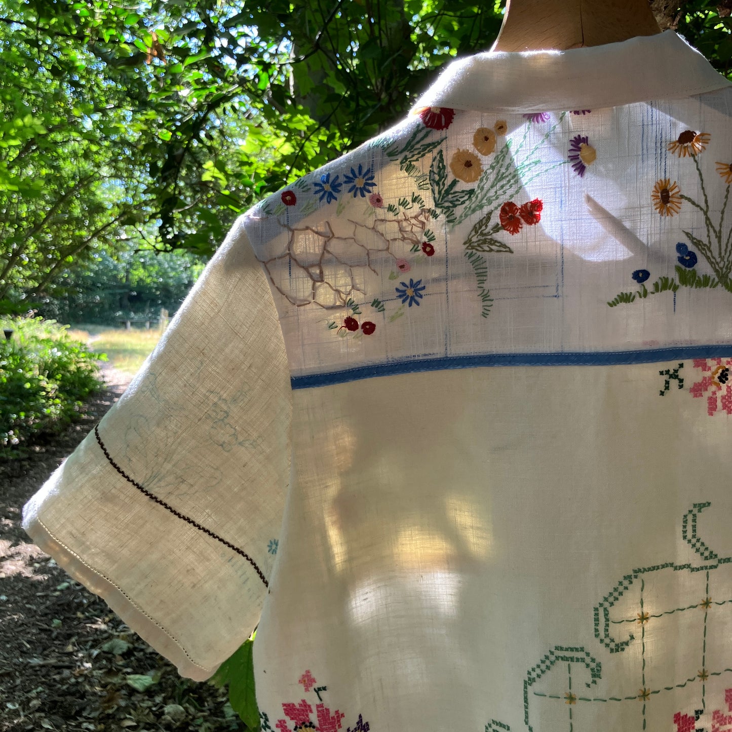 Linen patchwork recycled tablecloth shirt
