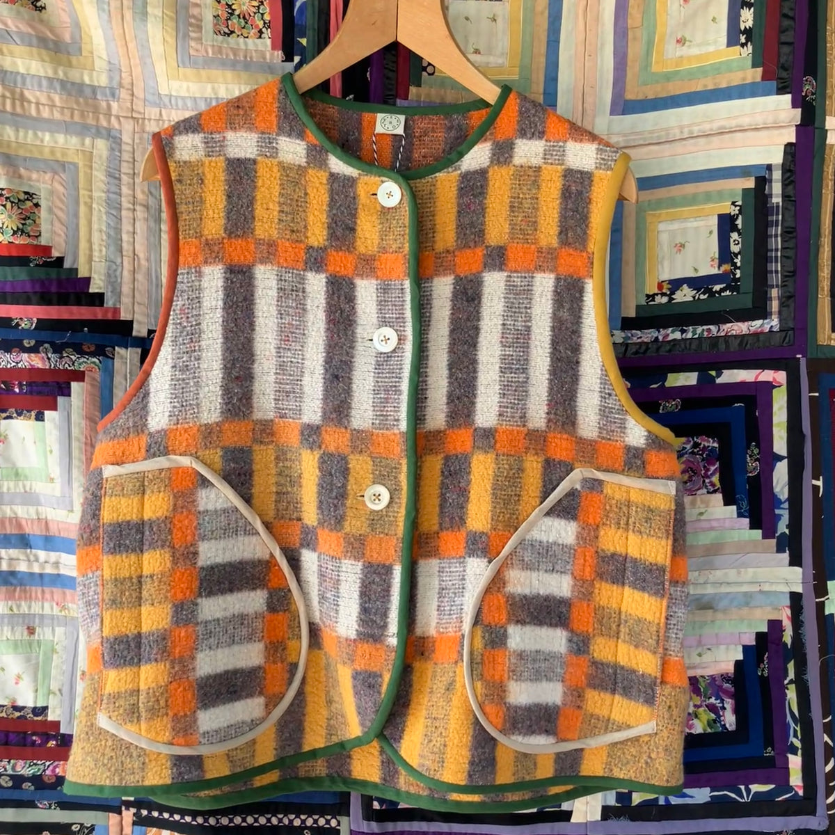 button front vest made from a geometric vintage blanket
