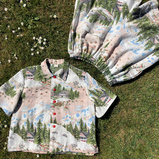 Shirt and shorts set made from a vintage Alpine-scenes curtain