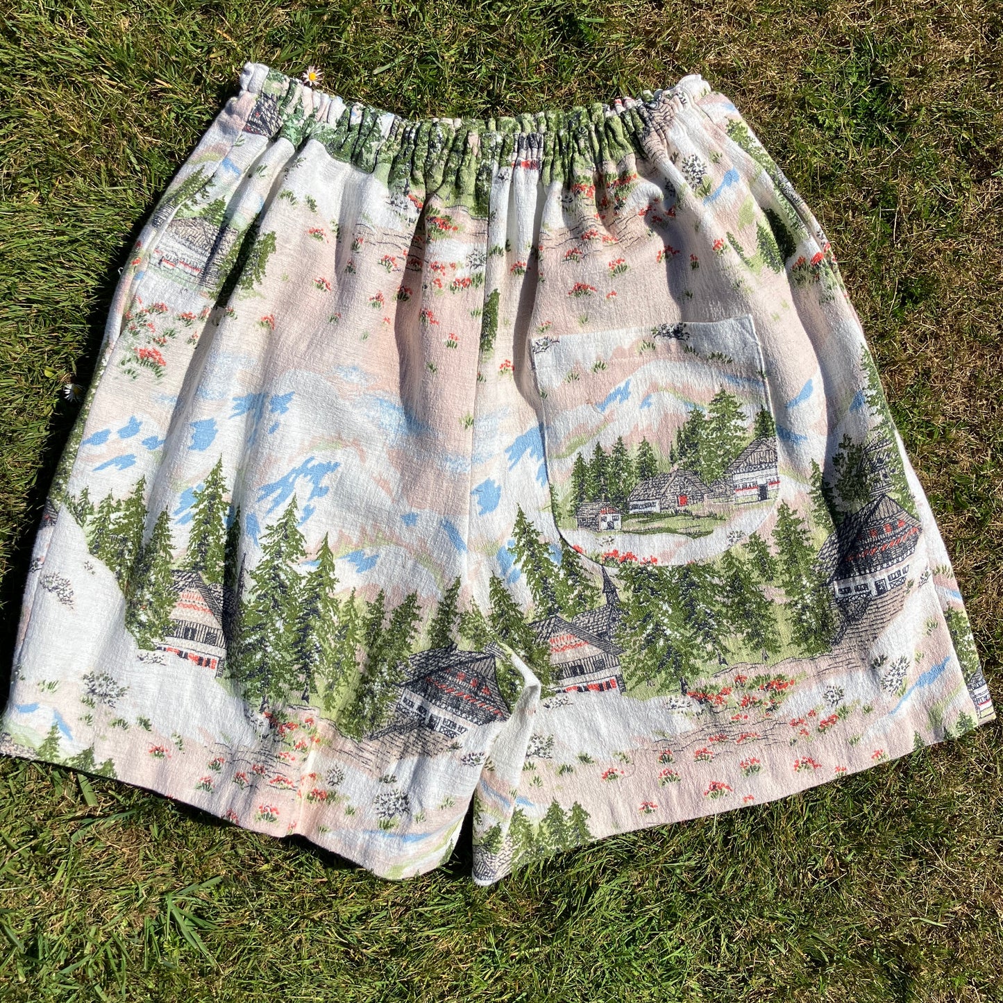 Shirt and shorts set made from a reclaimed vintage Alpine-scenes curtain