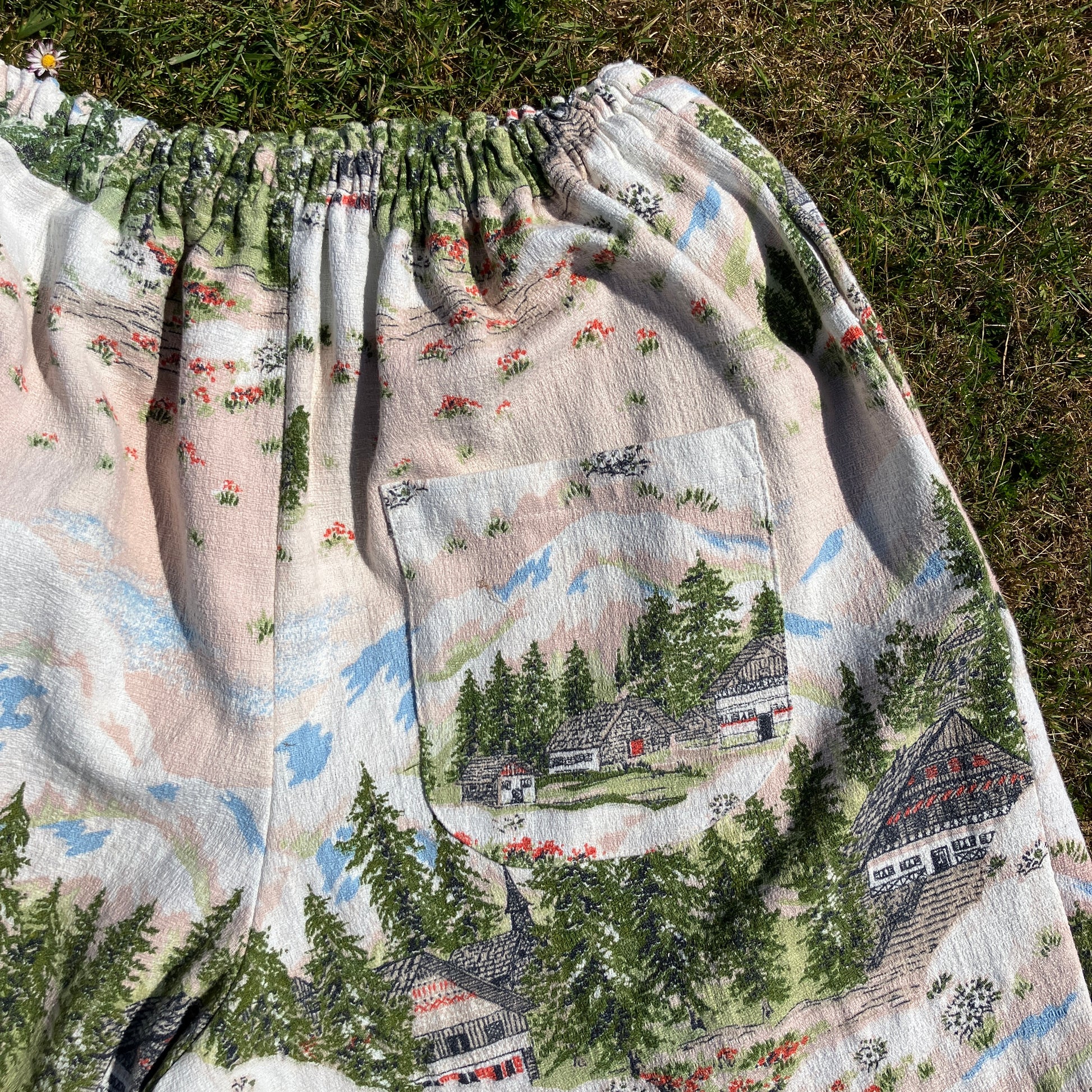 Shirt and shorts set made from a reclaimed vintage Alpine-scenes curtain