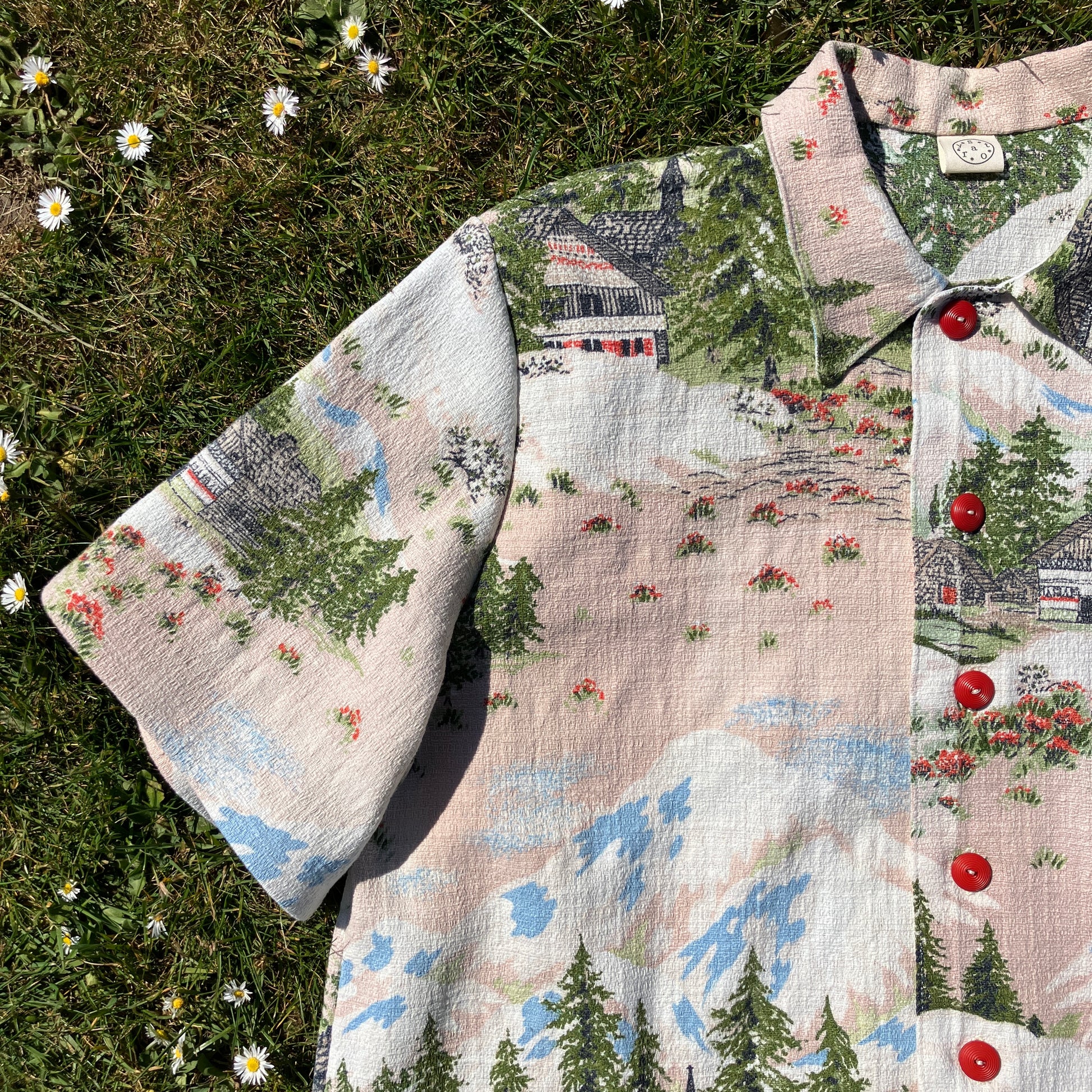 Shirt and shorts set made from a reclaimed vintage Alpine-scenes curtain