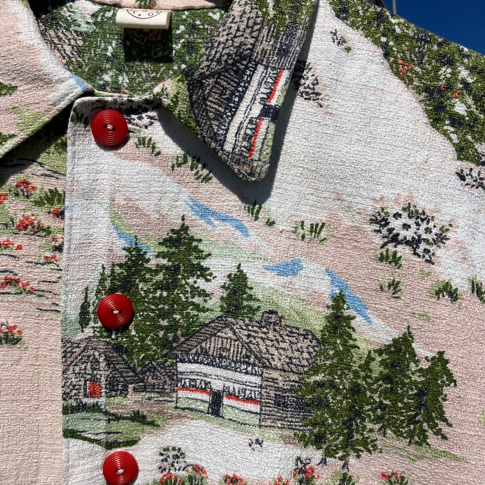 Shirt and shorts set made from a reclaimed vintage Alpine-scenes curtain