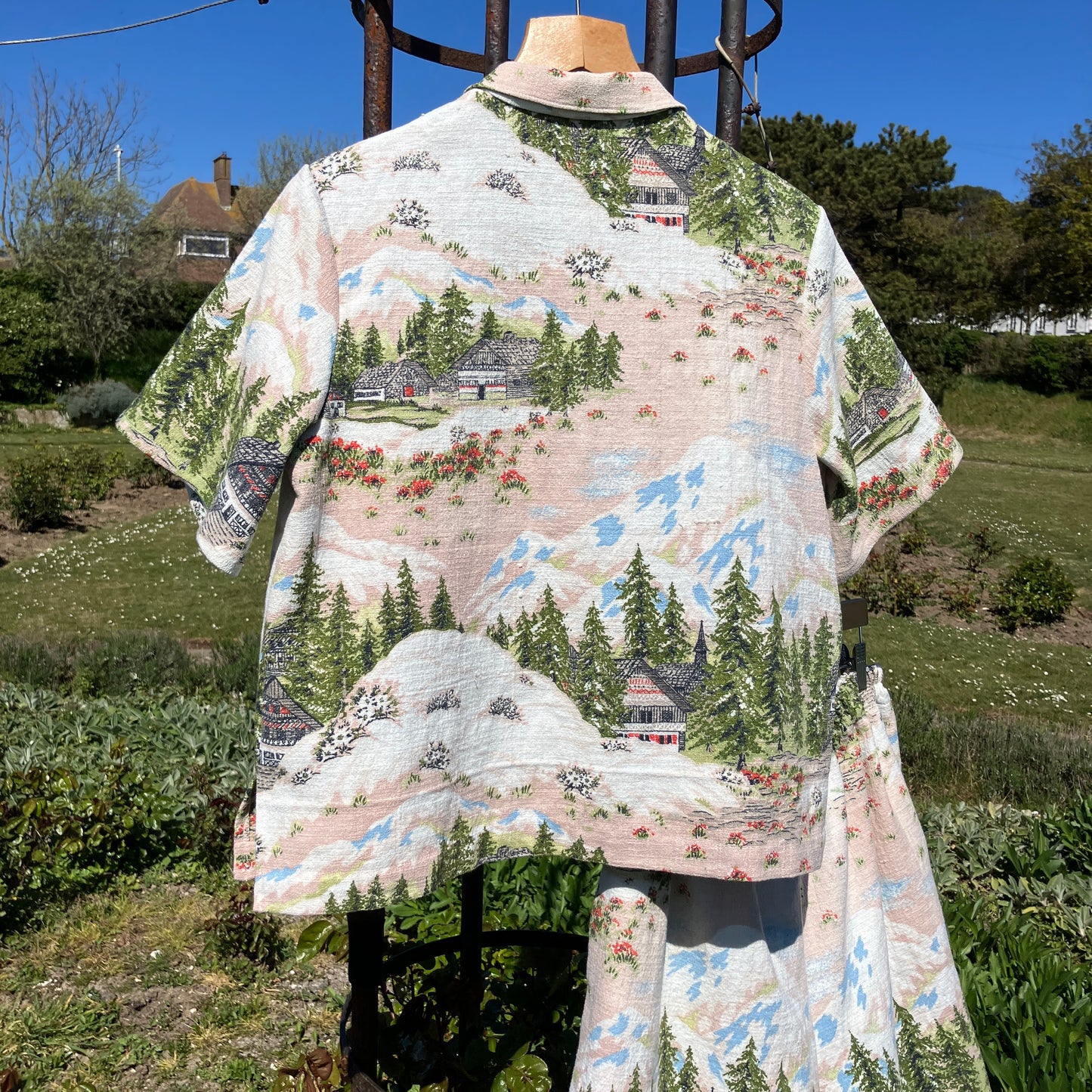 Shirt and shorts set made from a reclaimed vintage Alpine-scenes curtain