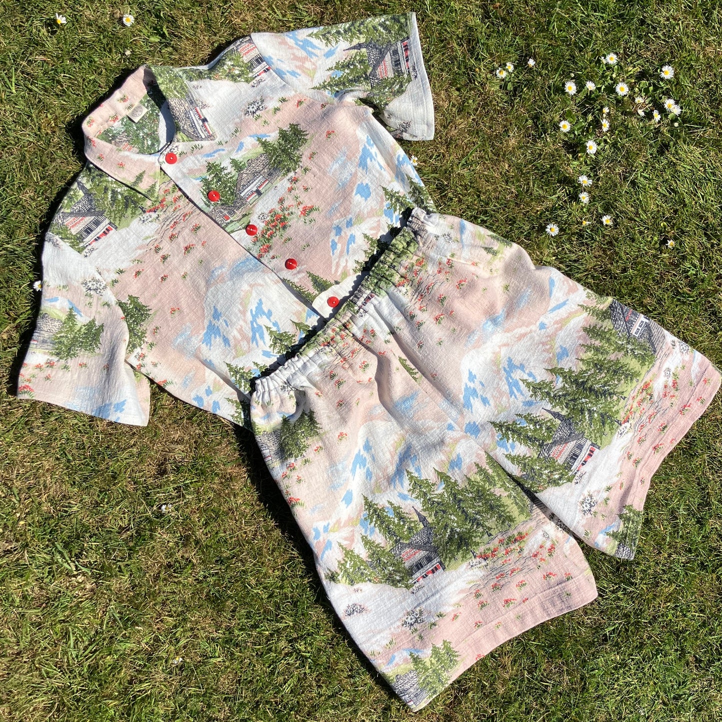 Shirt and shorts set made from a reclaimed vintage Alpine-scenes curtain