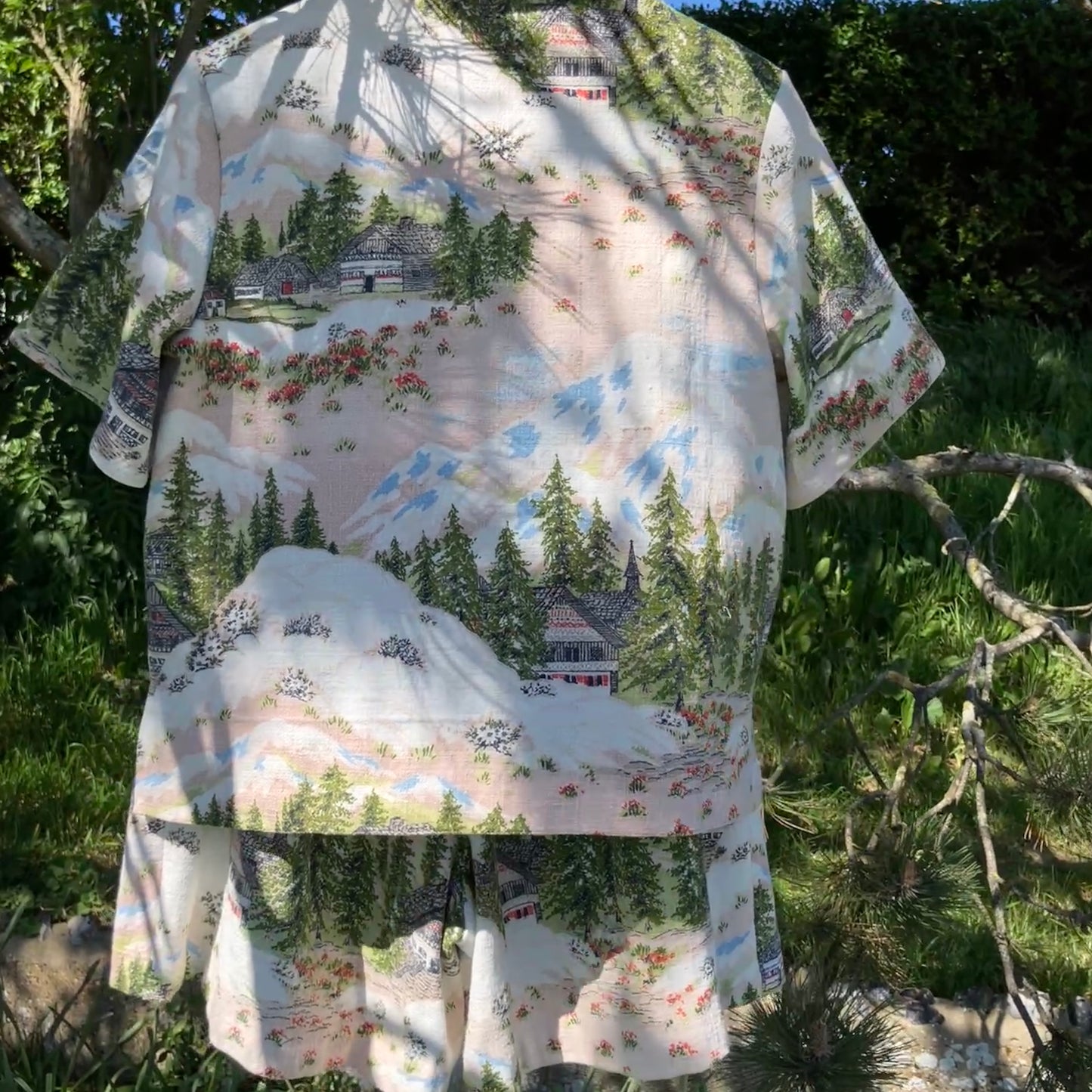Shirt and shorts set made from a reclaimed vintage Alpine-scenes curtain