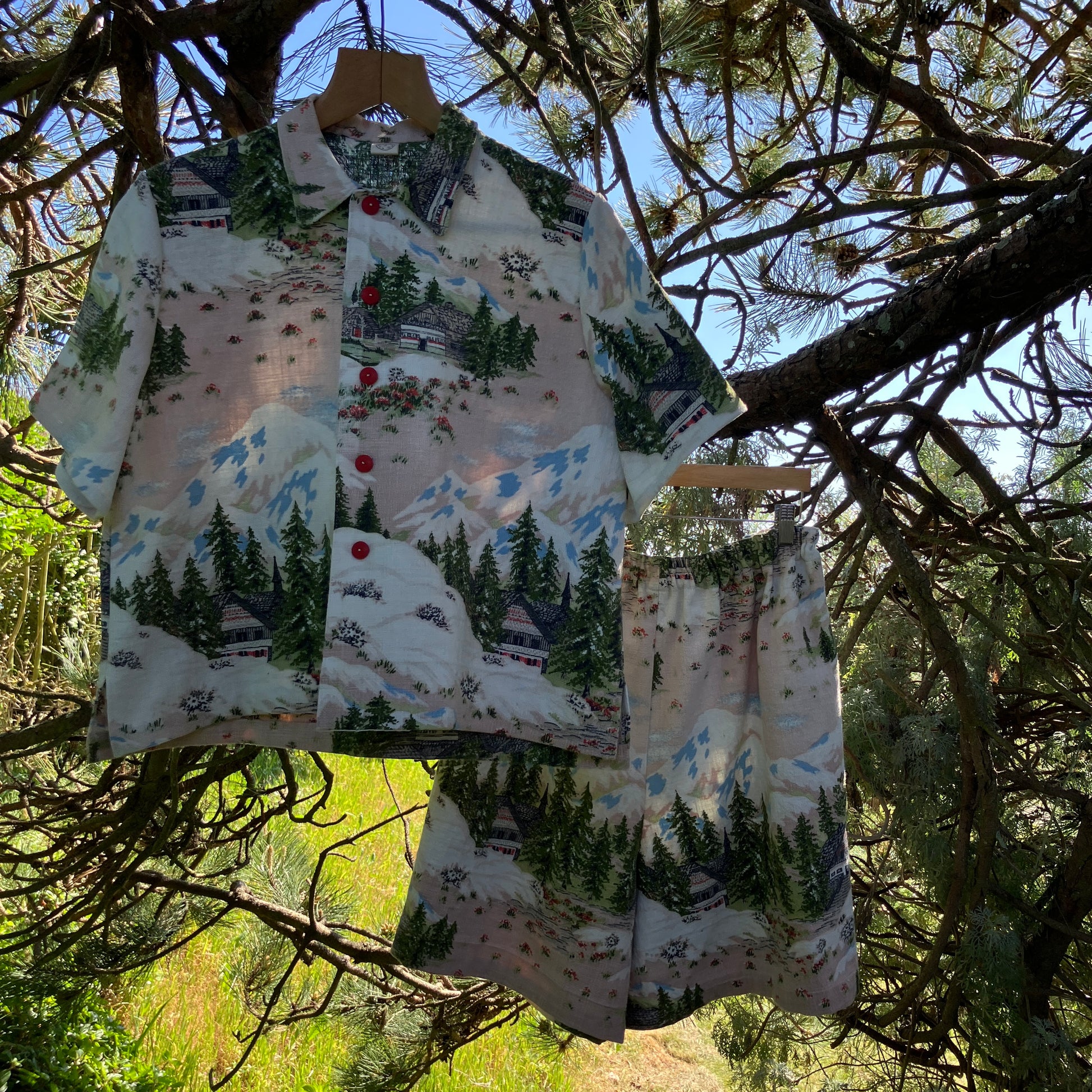 Shirt and shorts set made from a reclaimed vintage Alpine-scenes curtain