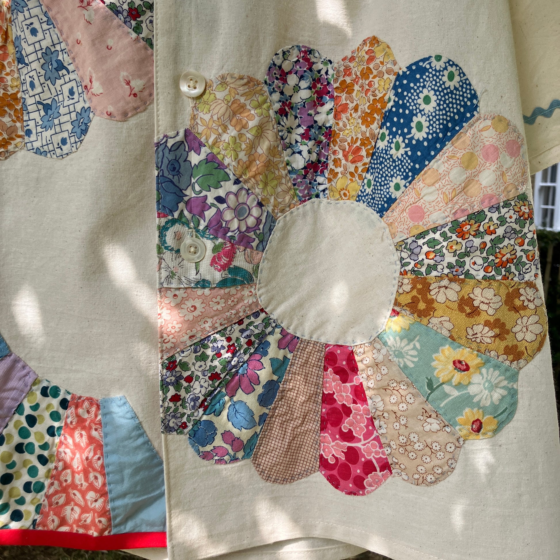 Calico shirt with appliqué vintage 1930s Dresden plate patchwork blocks