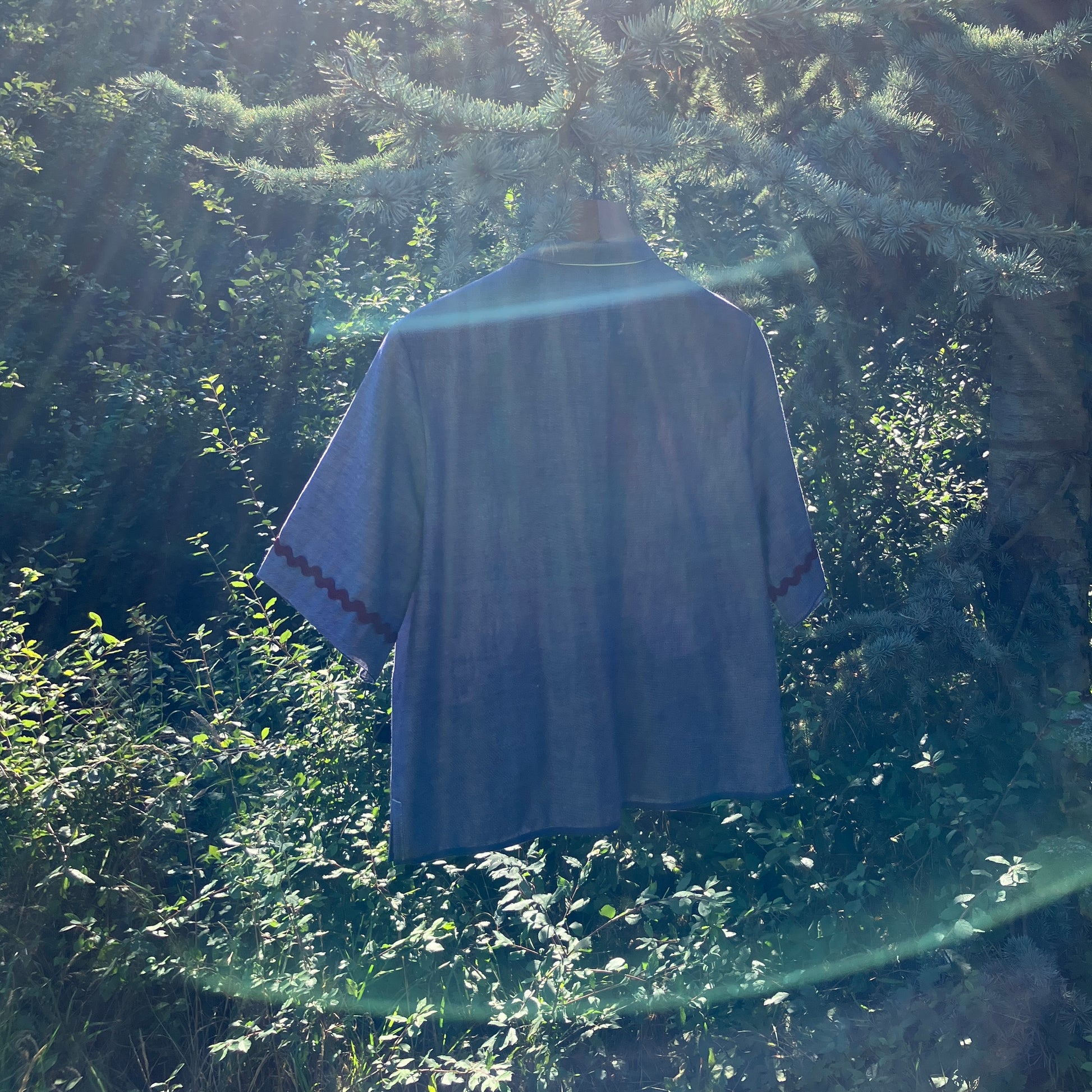 Reclaimed blue chambray shirt with star shaped buttons, birds on the pockets and rice-rac round the sleeves