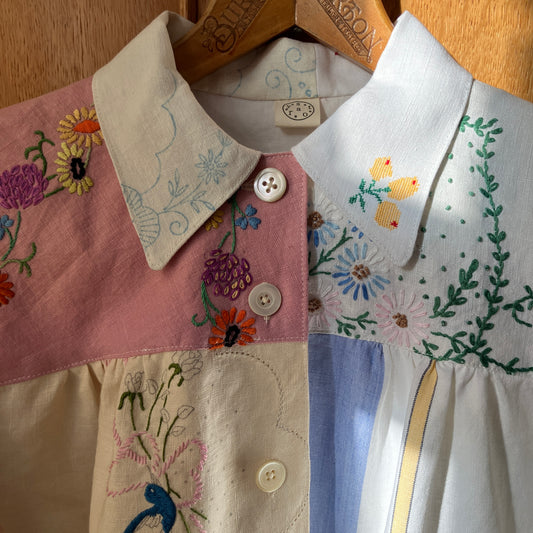 Patchwork shirt made from a selection of recycled embroidered vintage linen.