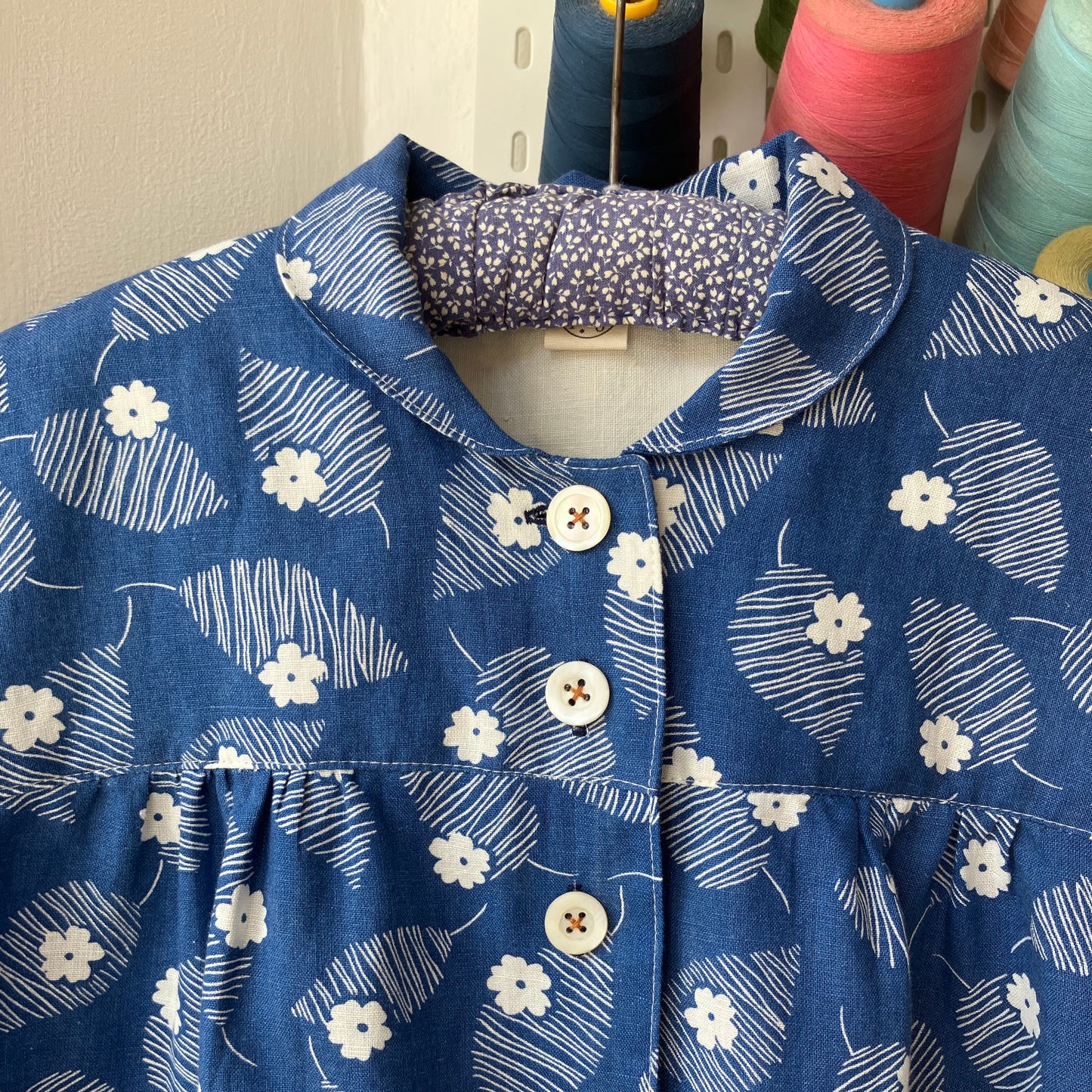 Blouse with mini collar made from blue and white reclaimed vintage floral print cotton