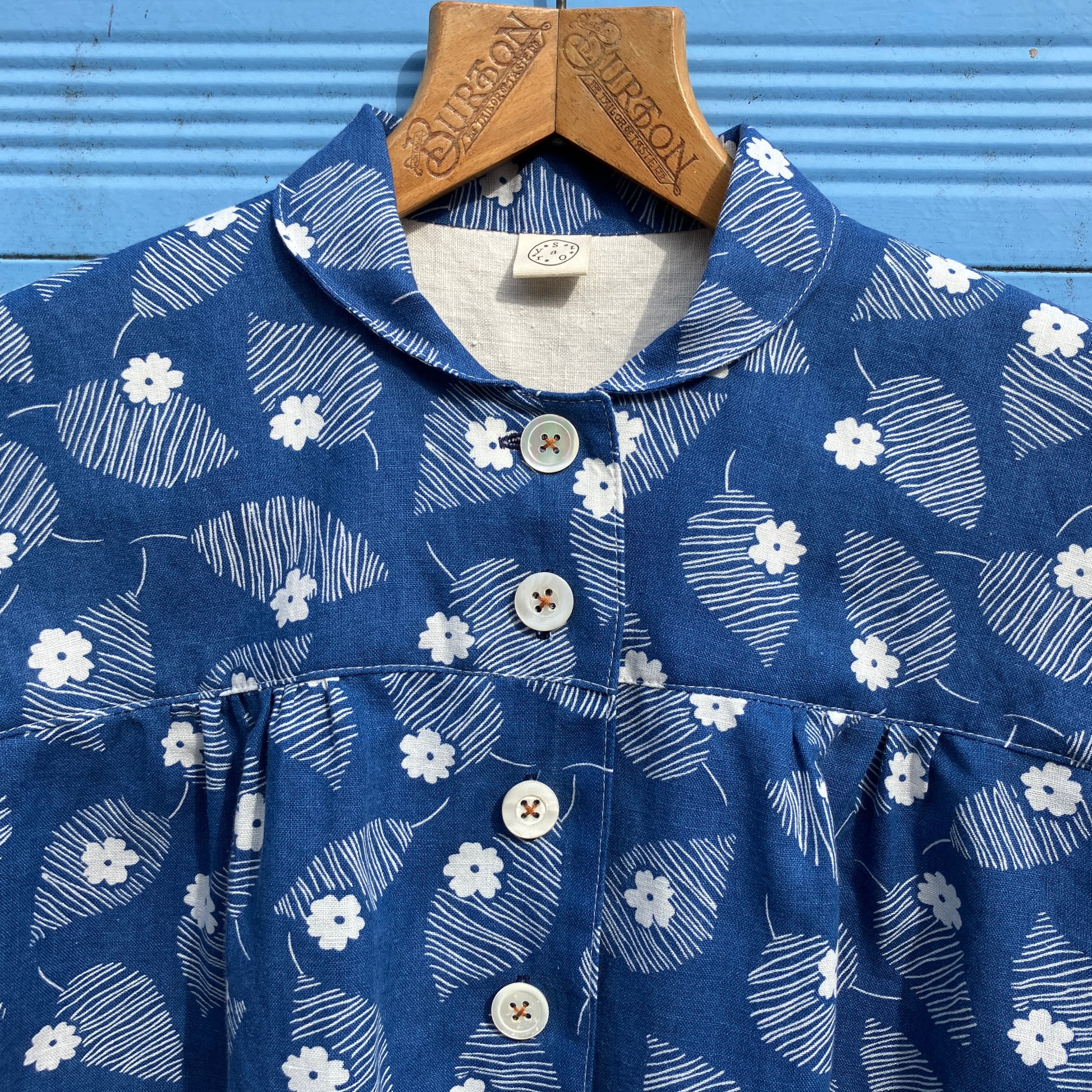 Blouse with mini collar made from blue and white reclaimed vintage floral print cotton