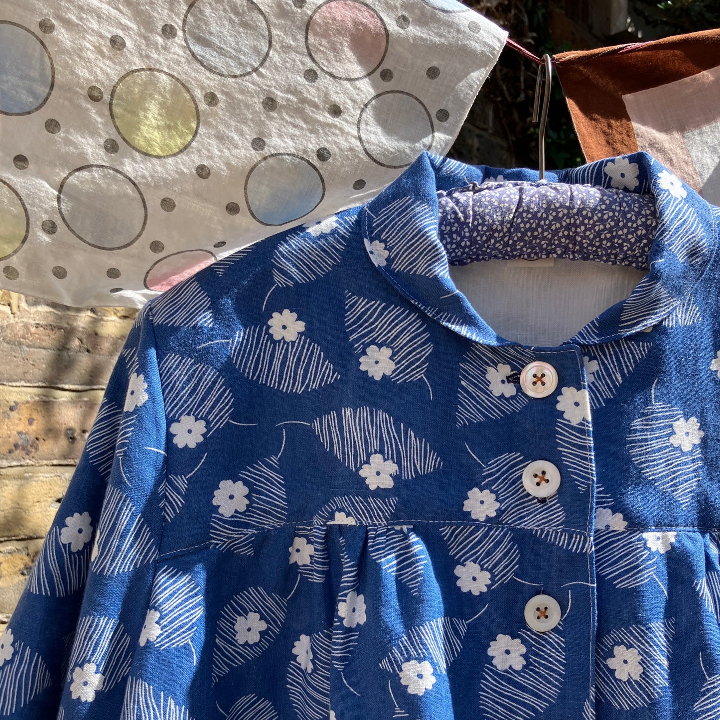 Blouse with mini collar made from blue and white reclaimed vintage floral print cotton