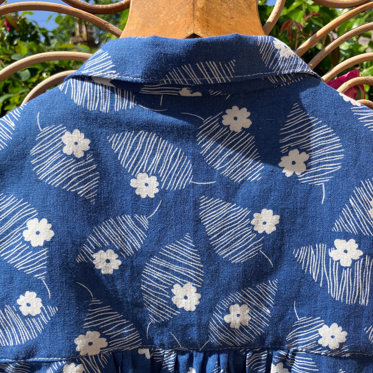 Blouse with mini collar made from blue and white reclaimed vintage floral print cotton