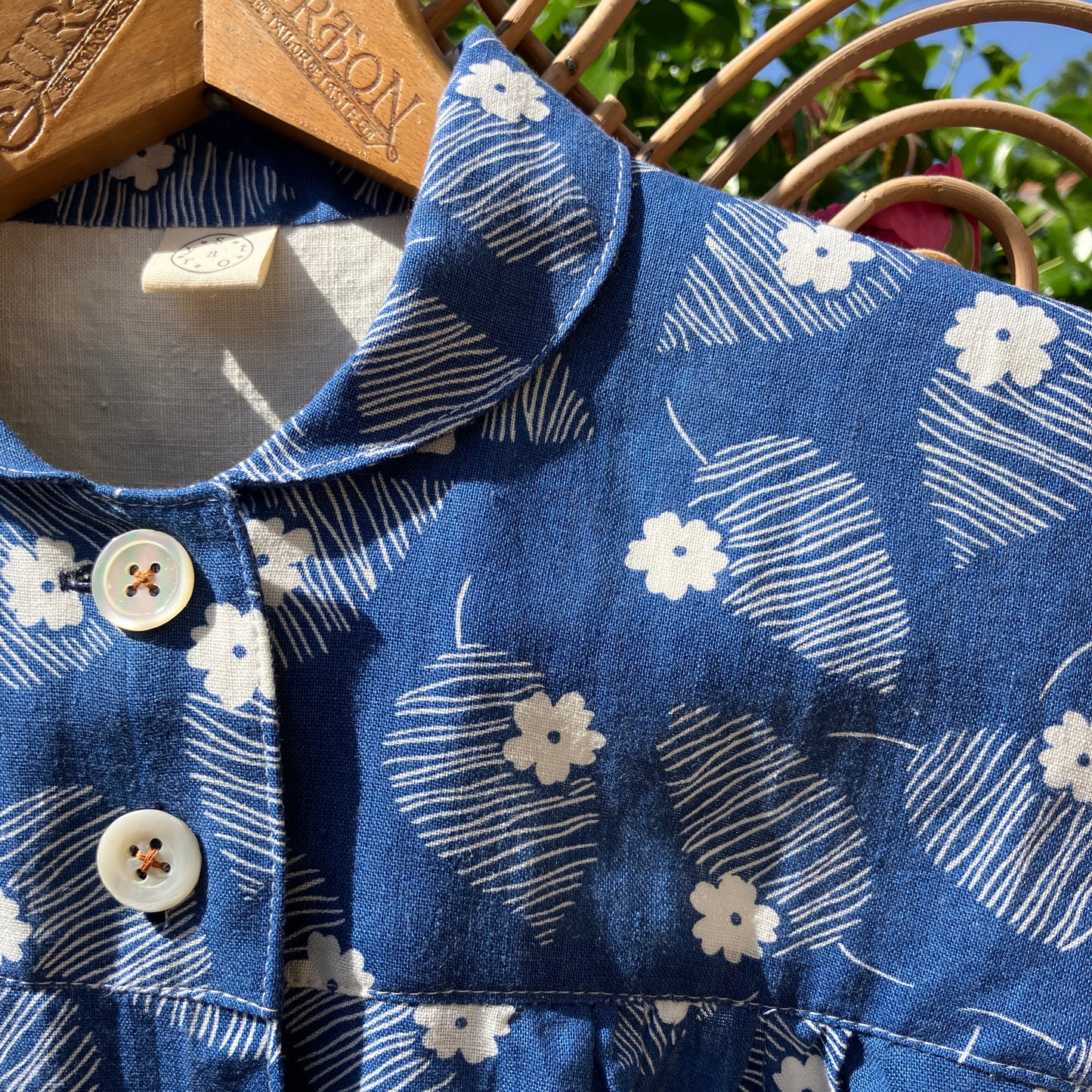 Blouse with mini collar made from blue and white reclaimed vintage floral print cotton
