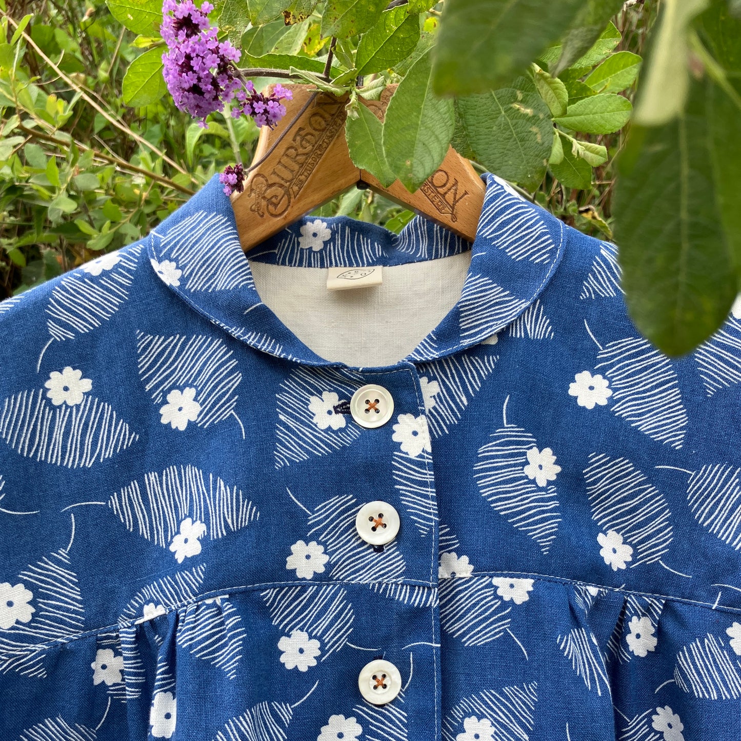 Blouse with mini collar made from blue and white reclaimed vintage floral print cotton