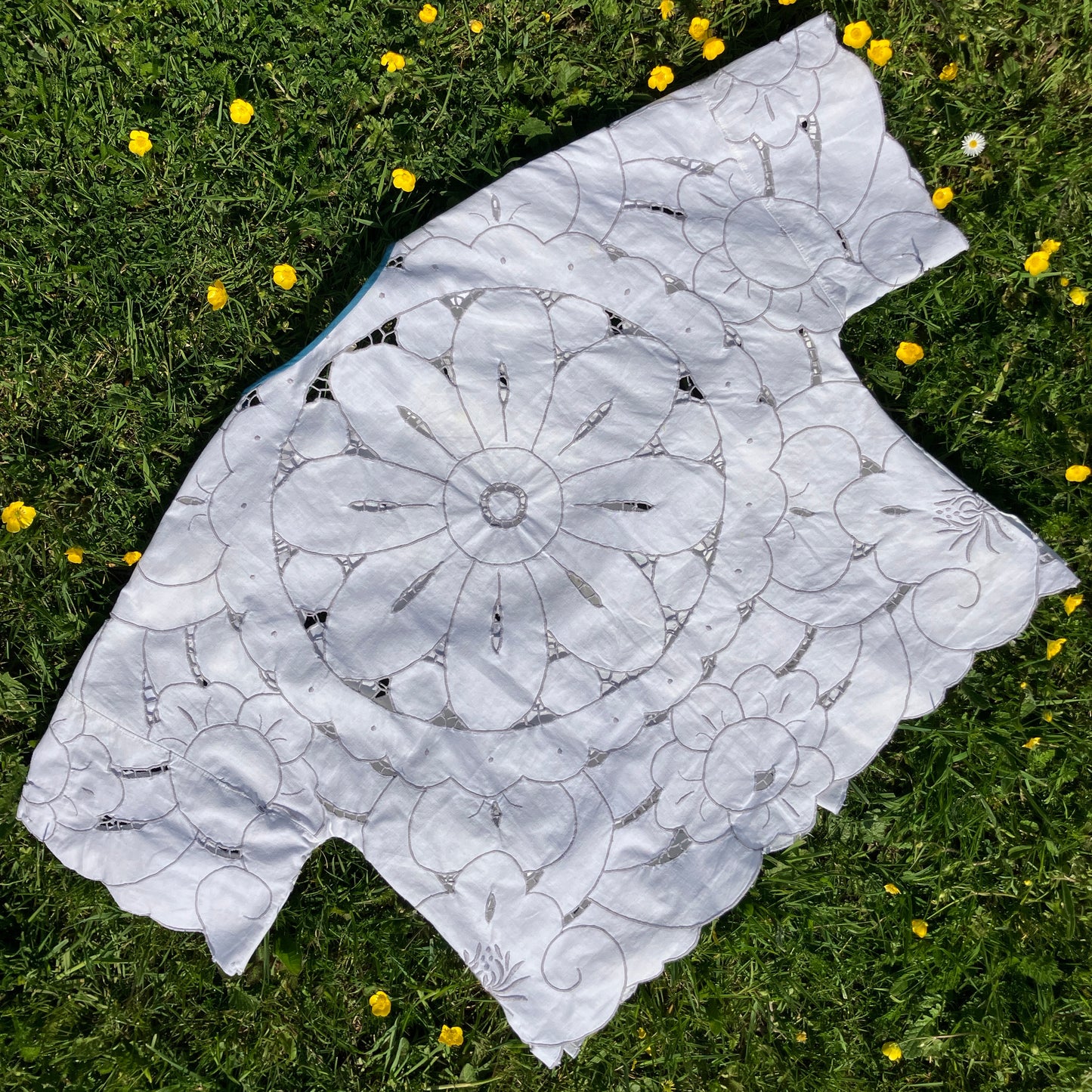 boxy recycled white cutwork tablecloth top