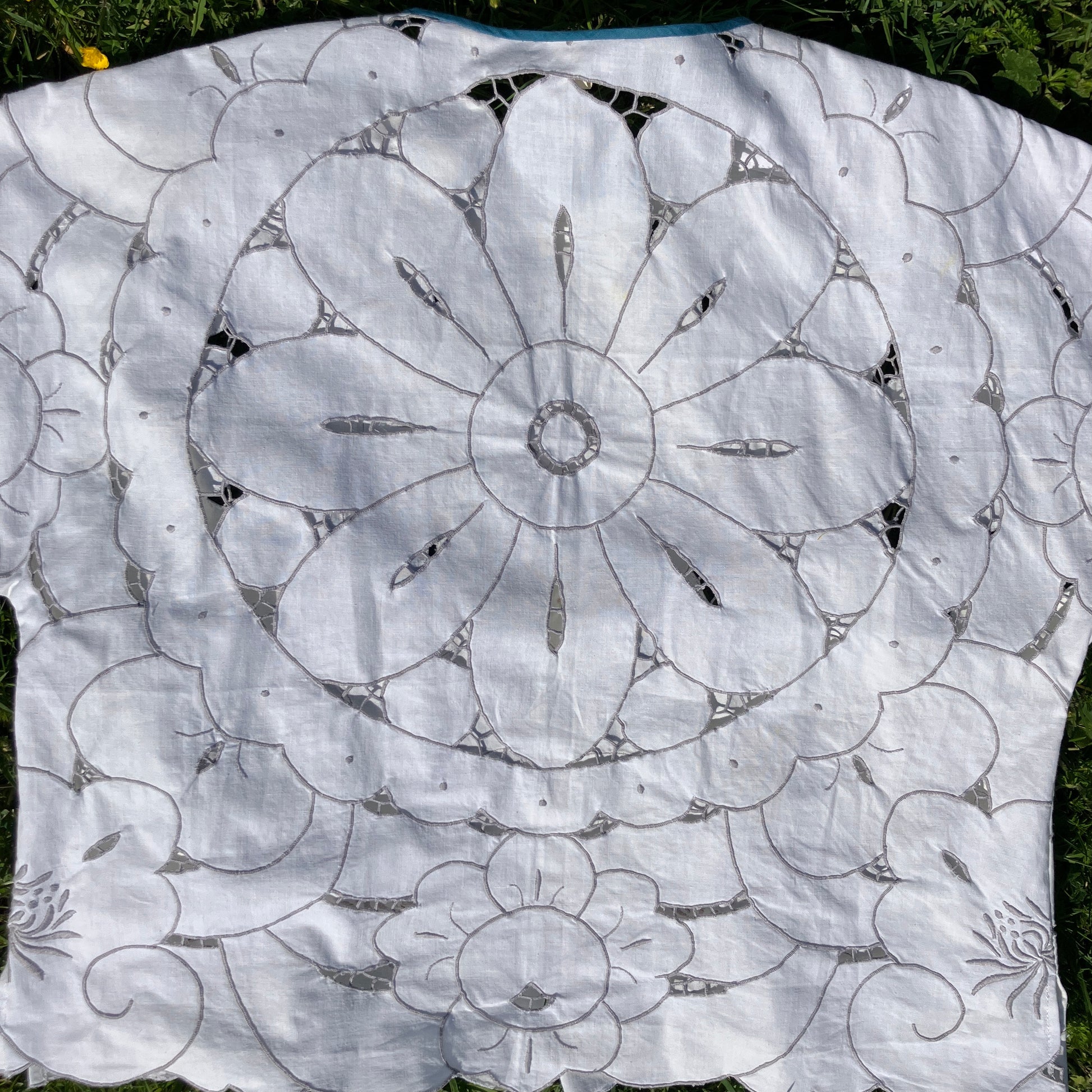 boxy recycled white cutwork tablecloth top