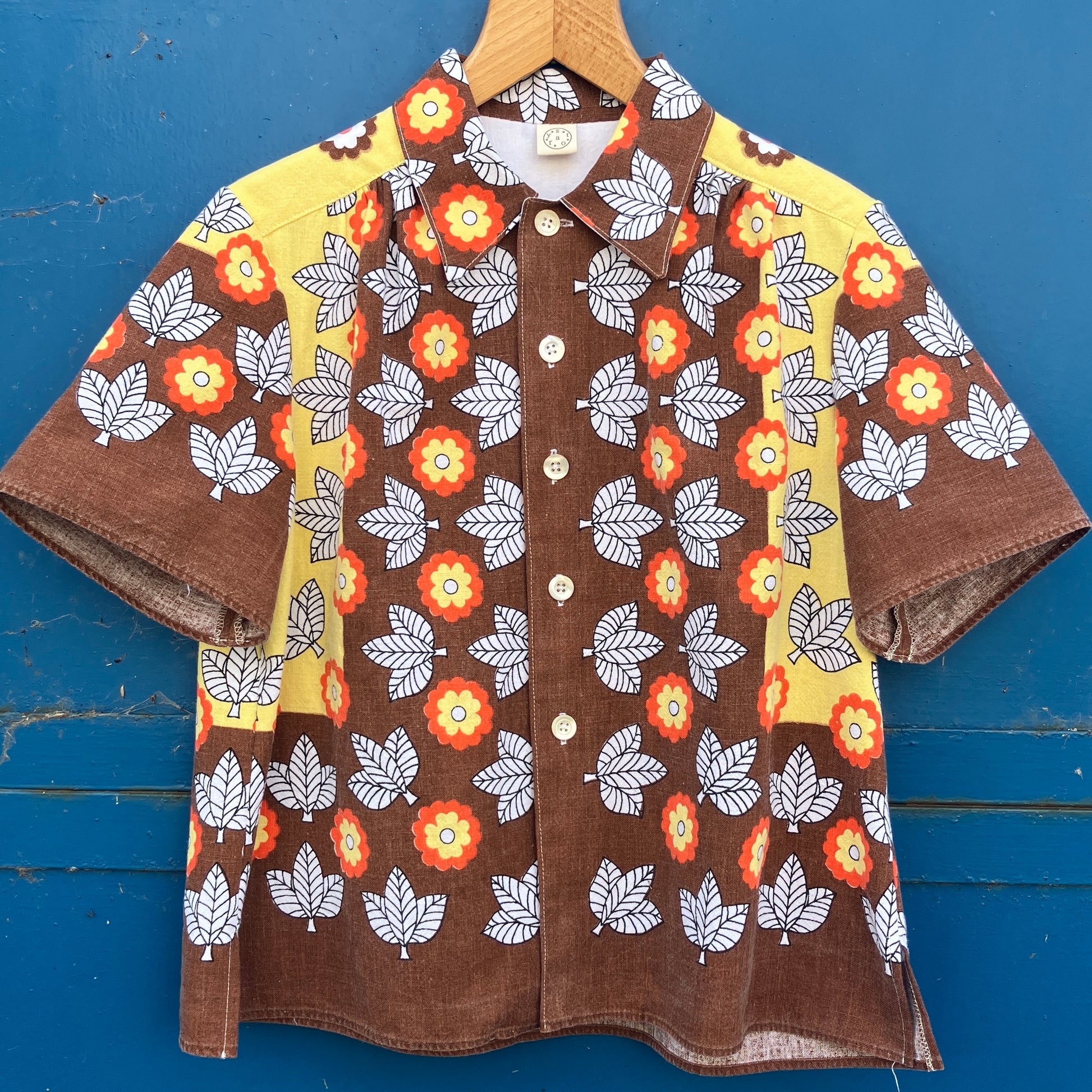 Shirt made from a brown, orange and yellow 70s vintage tablecloth