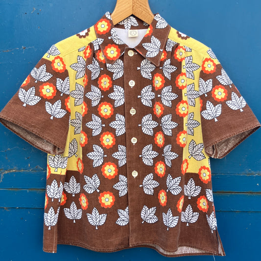 Shirt made from a brown, orange and yellow 70s vintage tablecloth