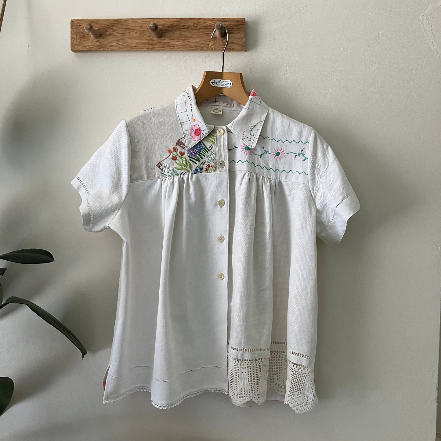 One-of-a-kind linen and cotton shirt made from reclaimed tablecloths and a special filet crochet CATS vintage panel