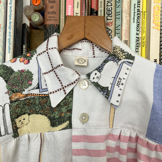 cat-themed recycled linen shirt