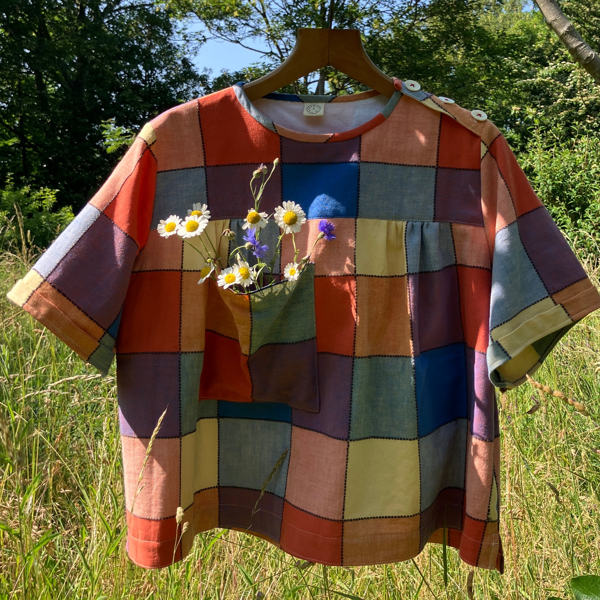 smock top made from a reclaimed vintage check tablecloth