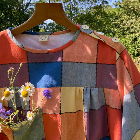 smock top made from a reclaimed vintage check tablecloth