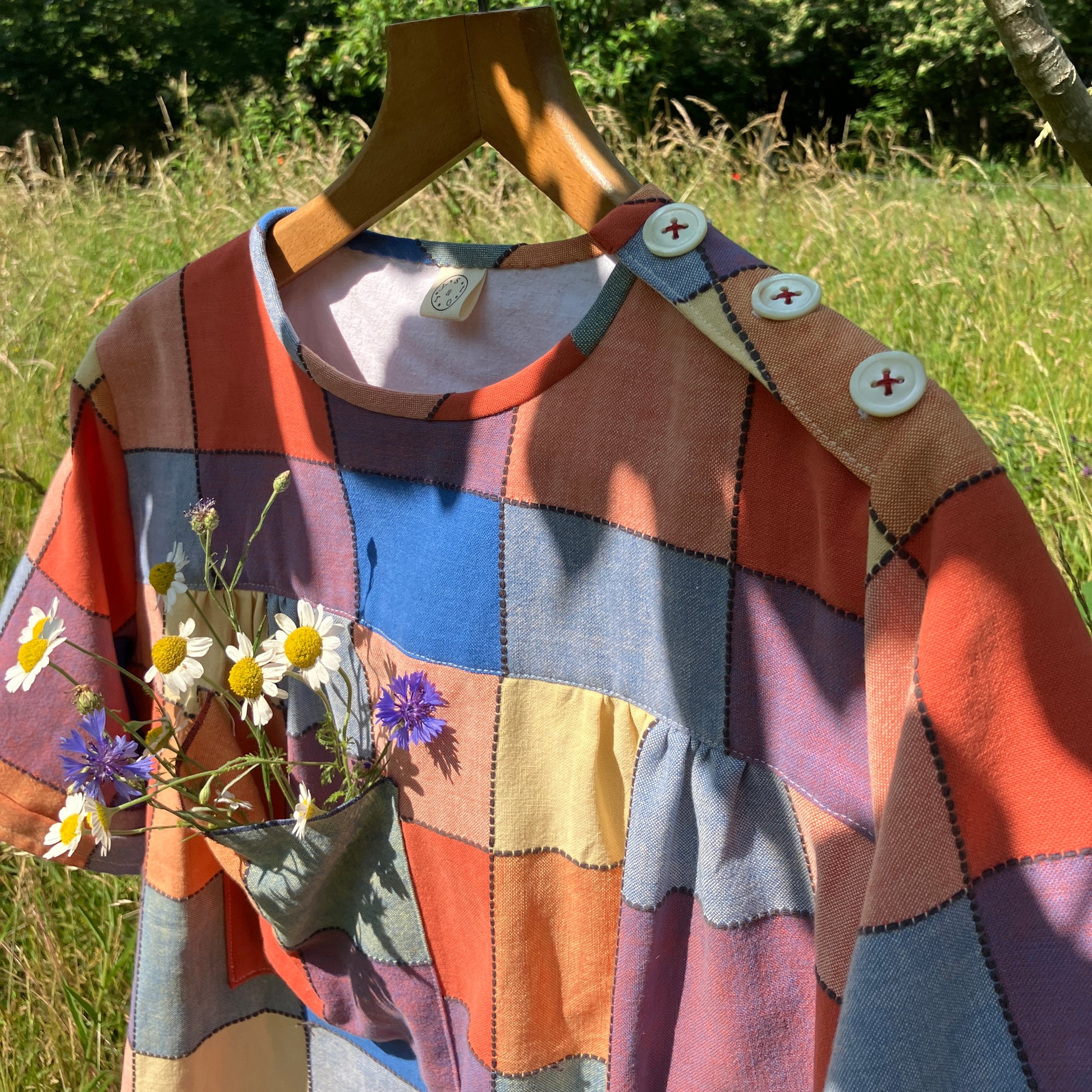 smock top made from a reclaimed vintage check tablecloth