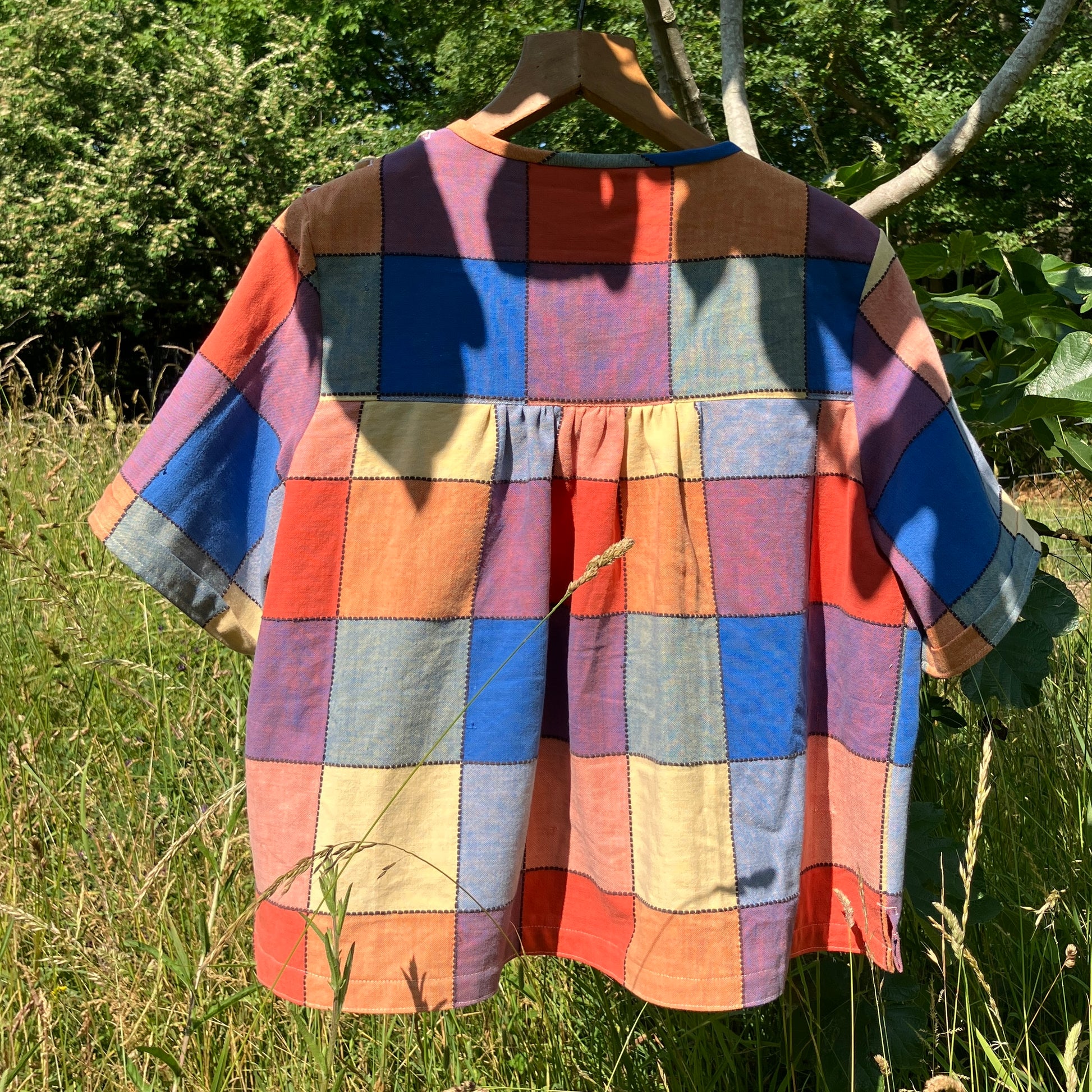 smock top made from a reclaimed vintage check tablecloth
