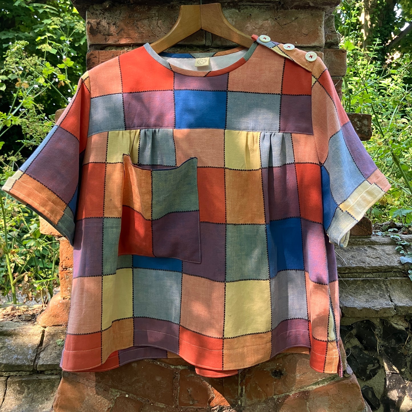 smock top made from a reclaimed vintage check tablecloth