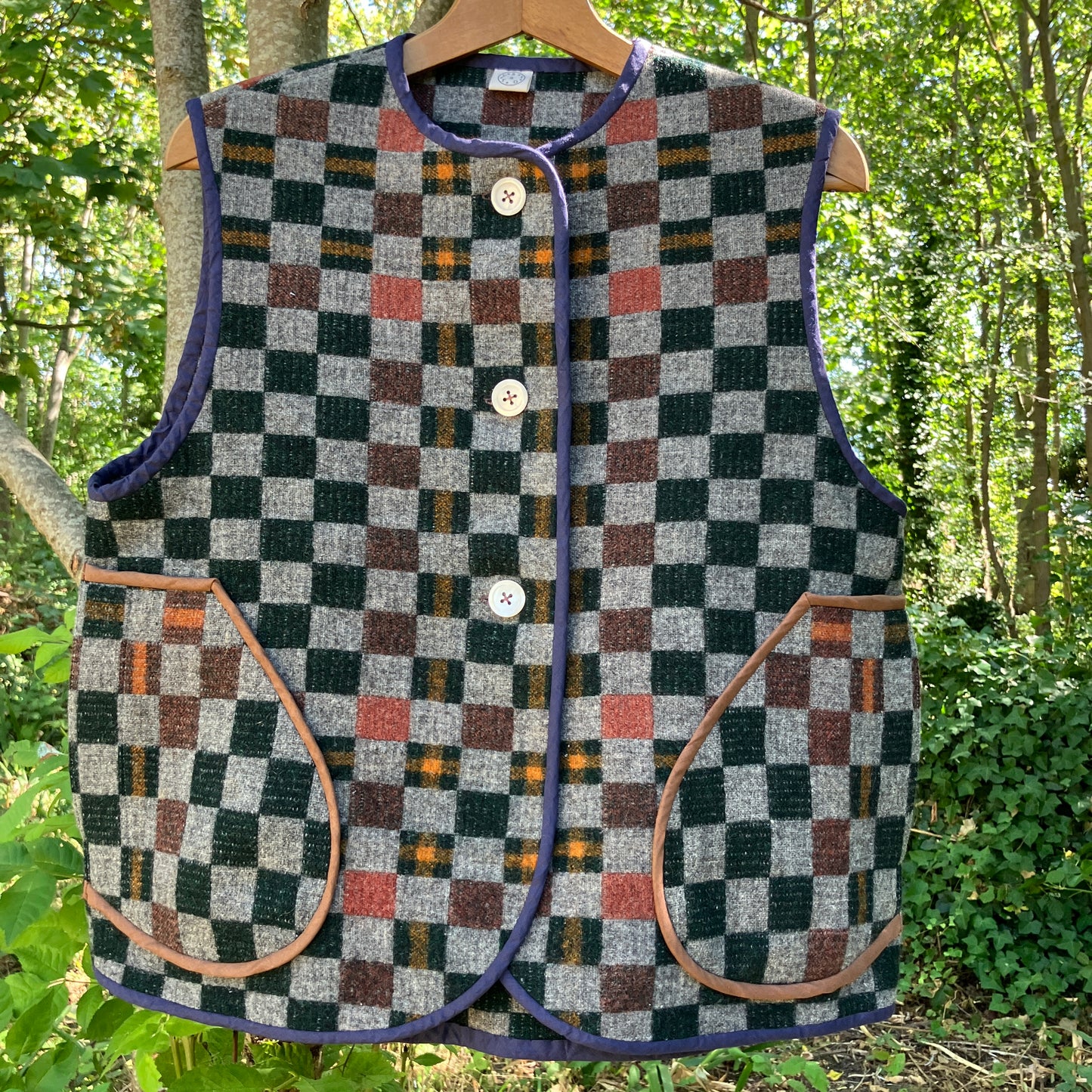 checkerboard reclaimed wool blanket vest