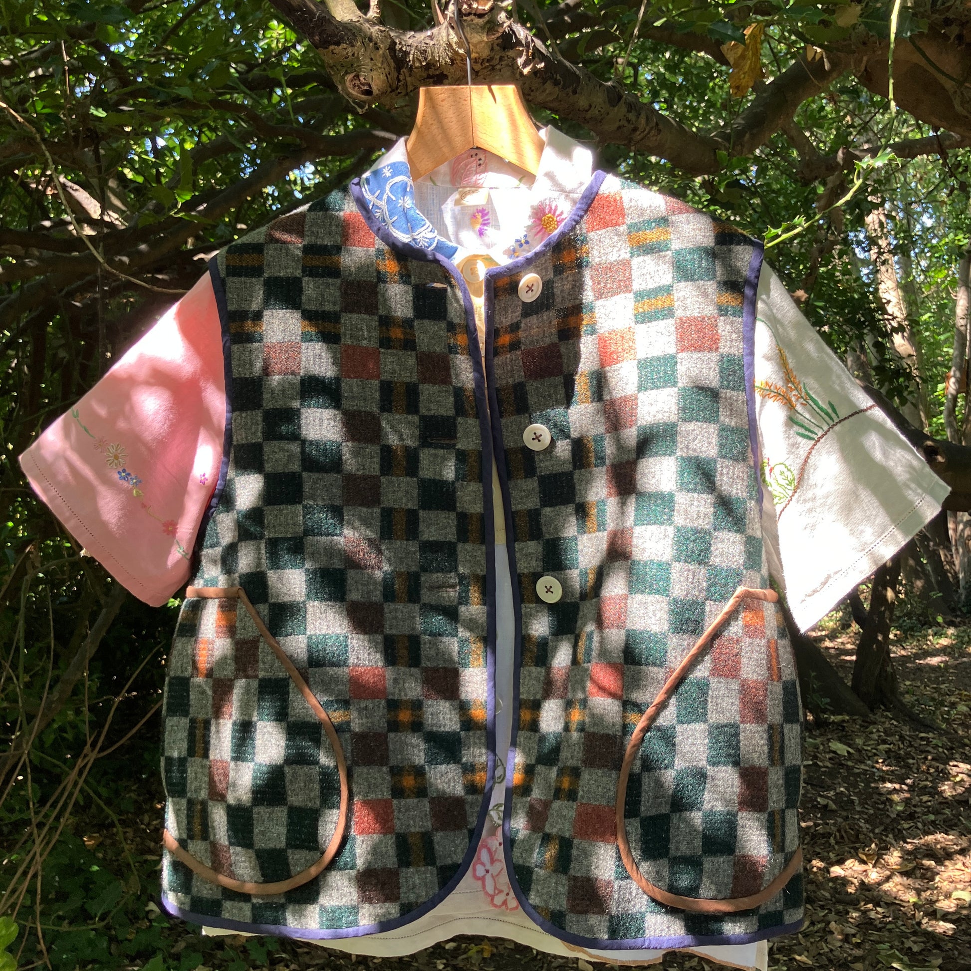 checkerboard reclaimed wool blanket vest