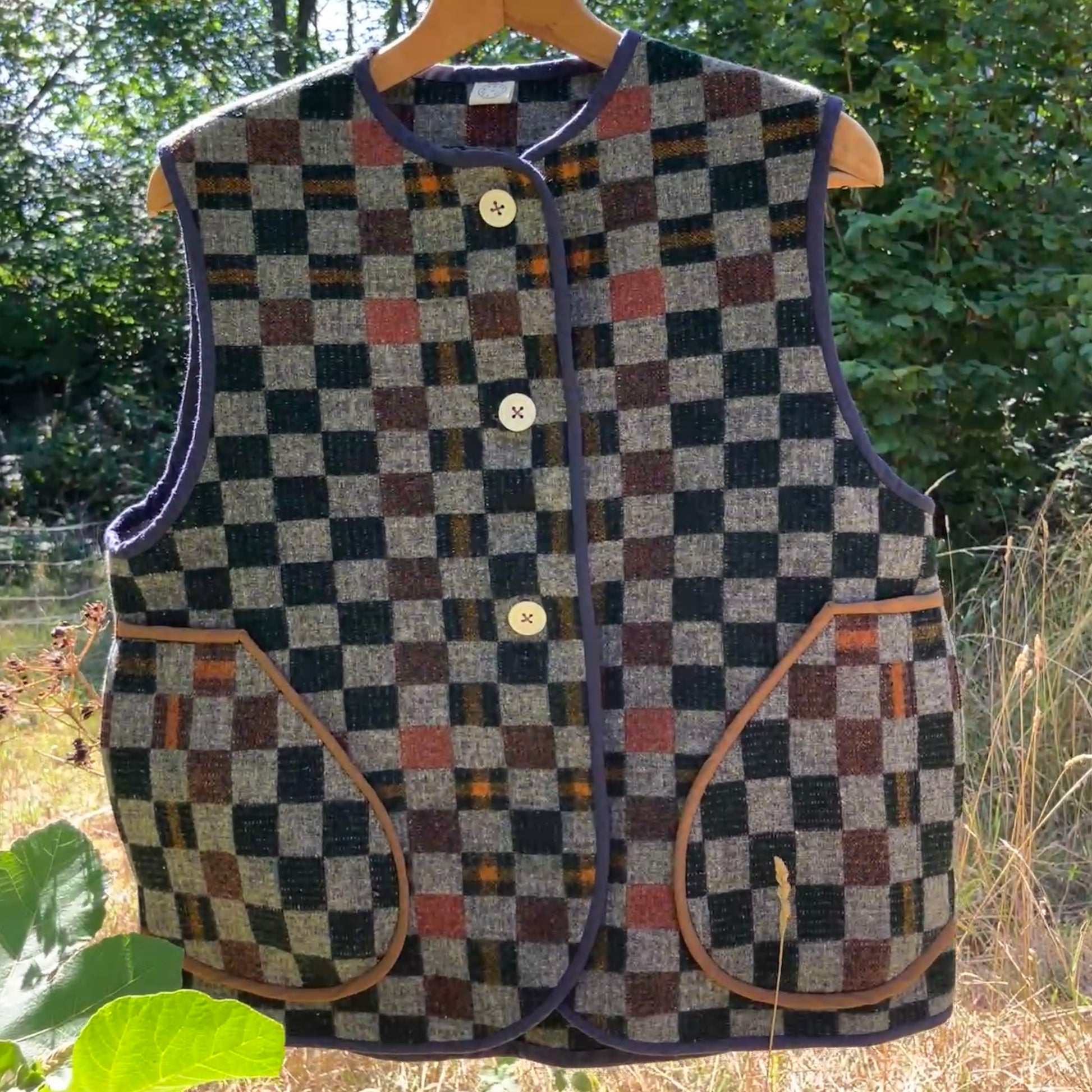 checkerboard reclaimed wool blanket vest