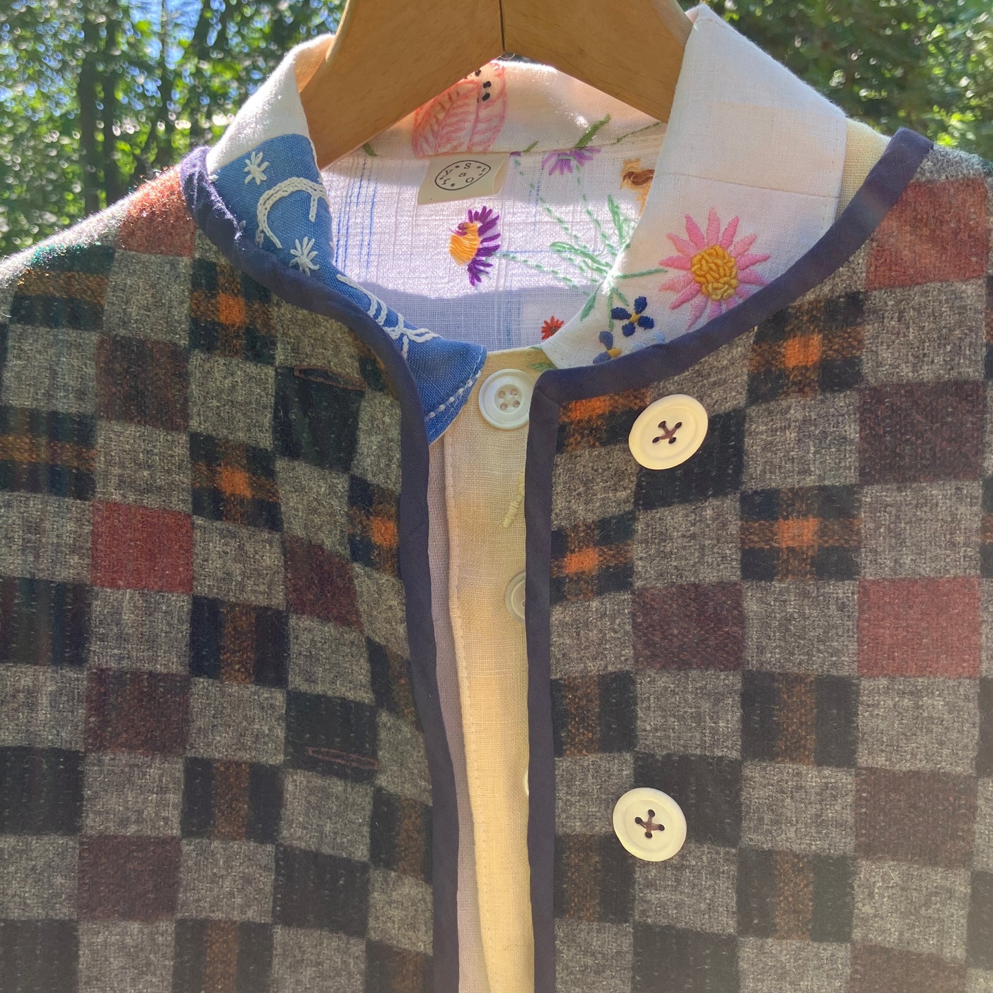 checkerboard reclaimed wool blanket vest