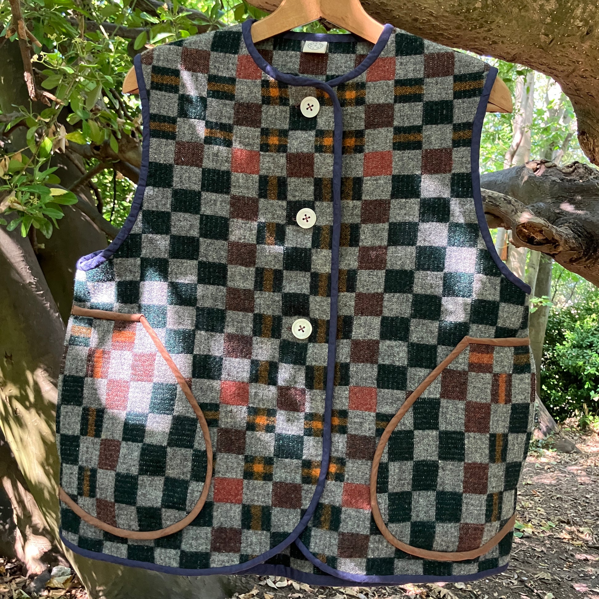 checkerboard reclaimed wool blanket vest