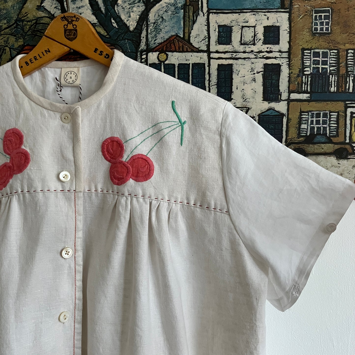 Top made from a patchwork of a recycled linen tablecloth with cherry motifs and antique bed linen