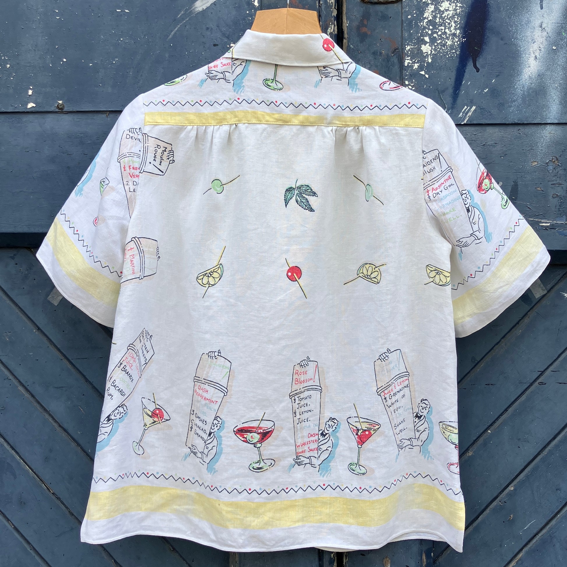 shirt made from a recycled vintage linen tablecloth with a cocktails theme