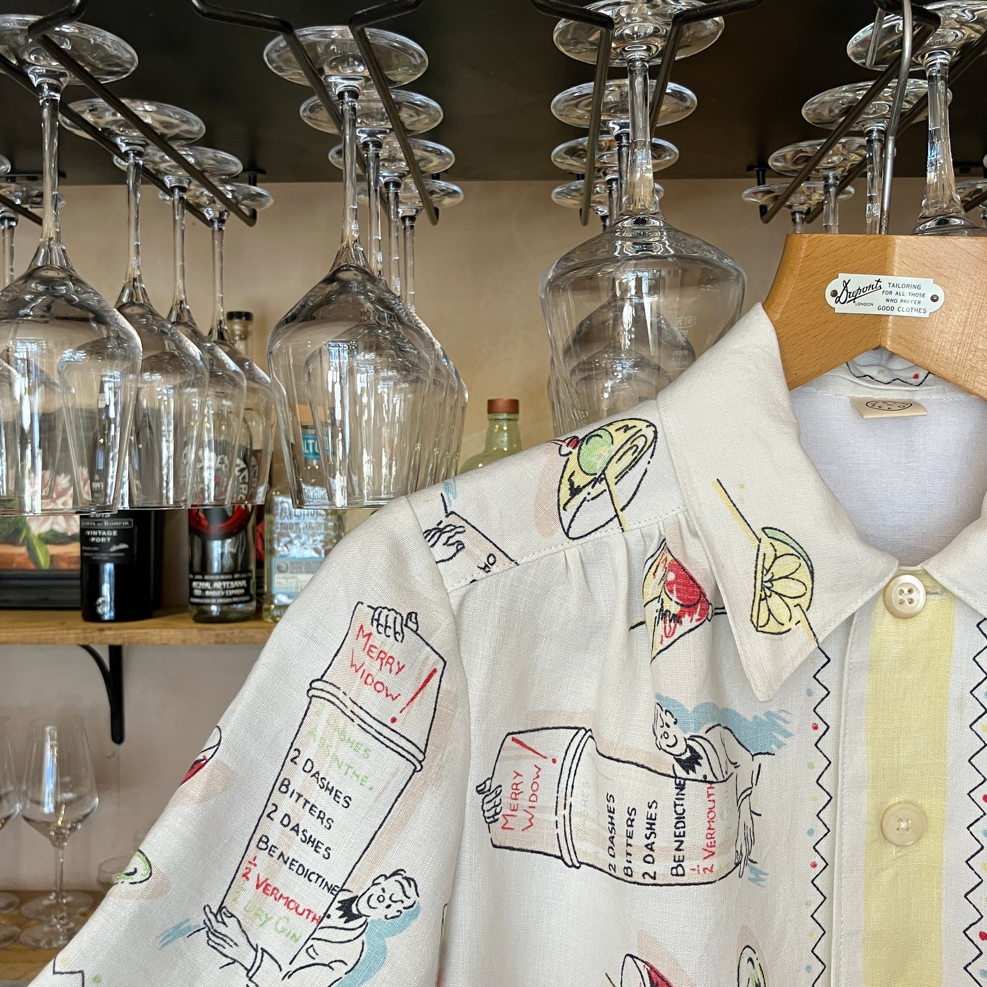 shirt made from a recycled vintage linen tablecloth with a cocktails theme