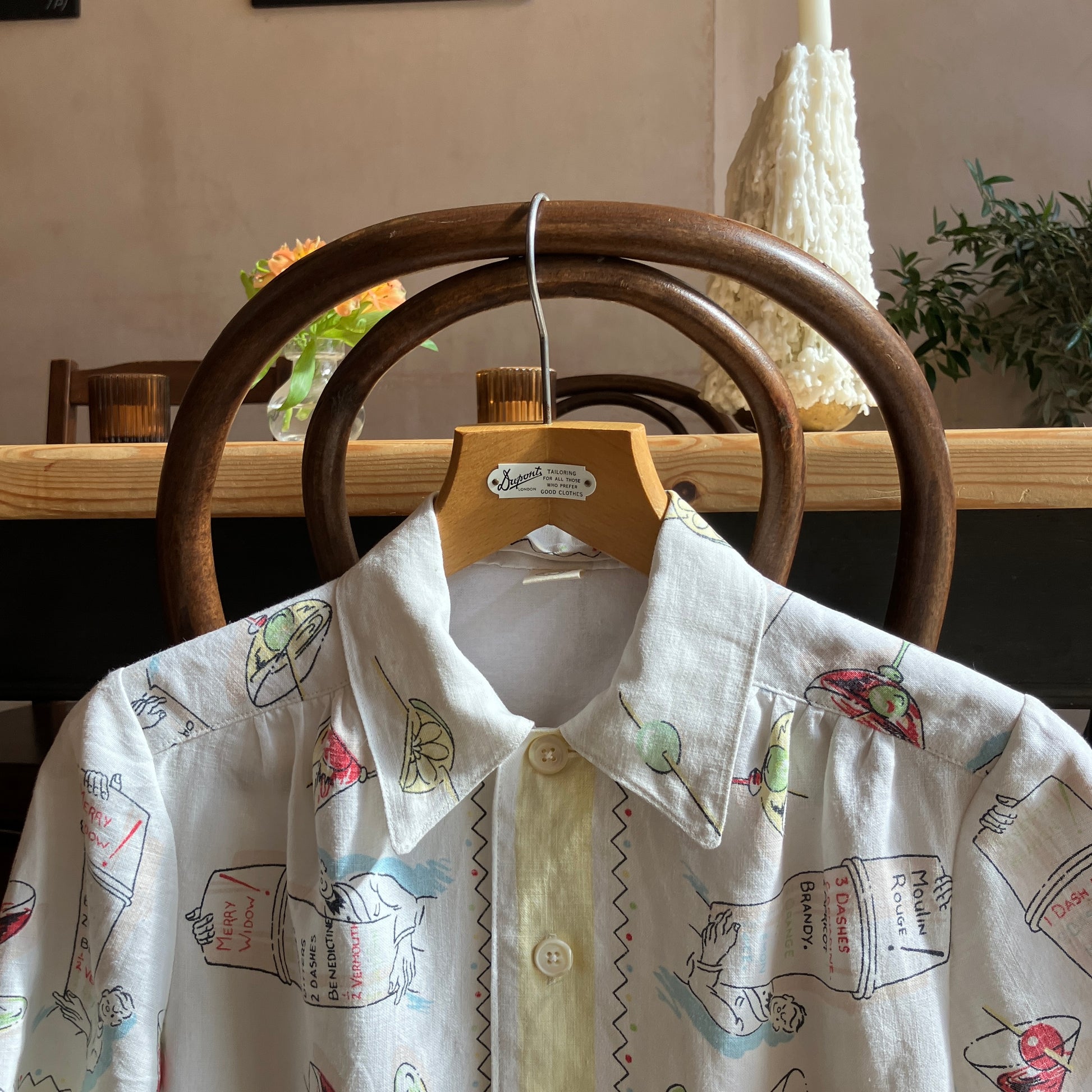 shirt made from a recycled vintage linen tablecloth with a cocktails theme