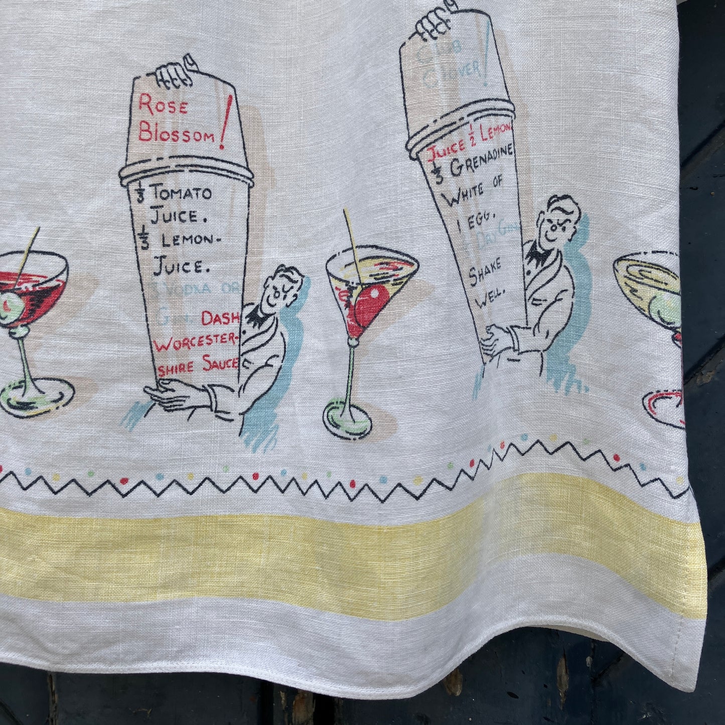 shirt made from a recycled vintage linen tablecloth with a cocktails theme