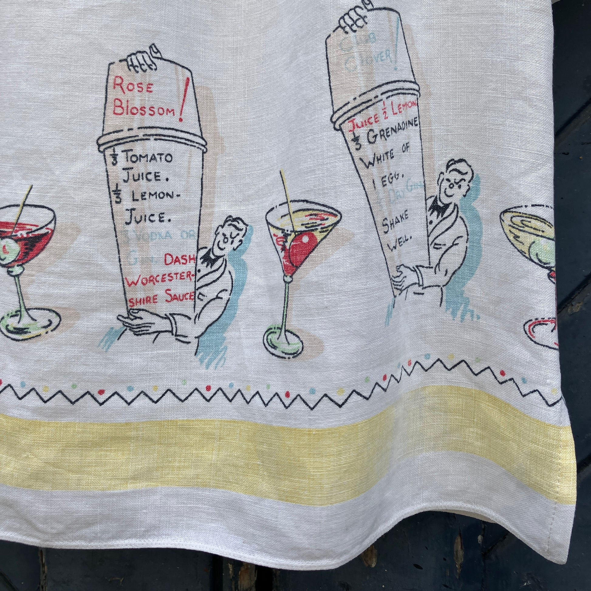 shirt made from a recycled vintage linen tablecloth with a cocktails theme